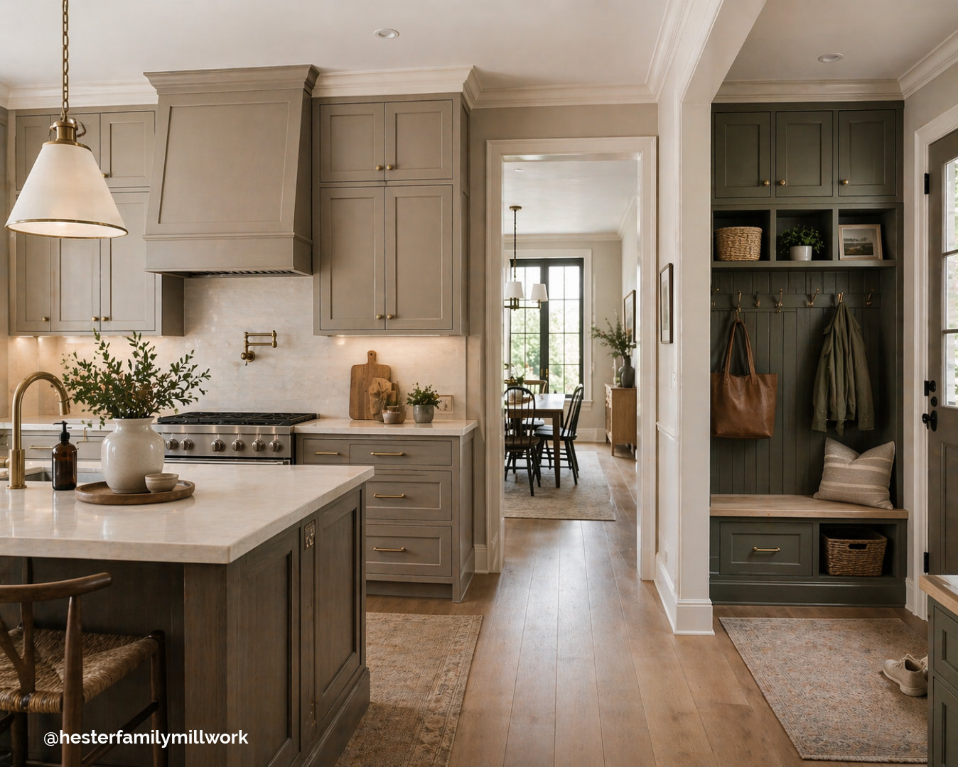 Kitchen cabinetry flowing into mudroom built-ins with matching cabinet style, warm neutral tones, and integrated storage for cohesive whole-home cabinet design.