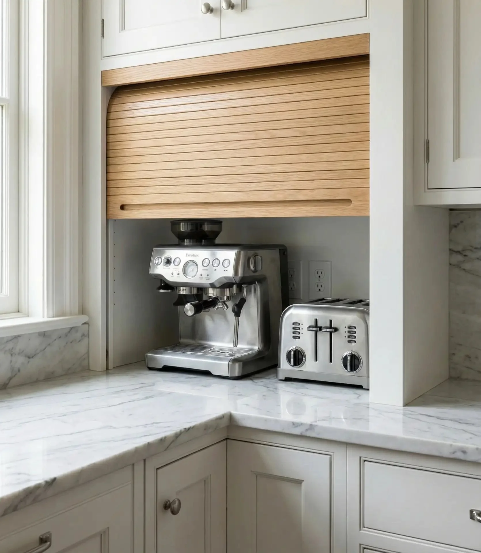 Tall custom pantry-style appliance garage with hidden microwave and toaster storage, featuring warm wood interiors and classic cabinetry in a bright modern kitchen.