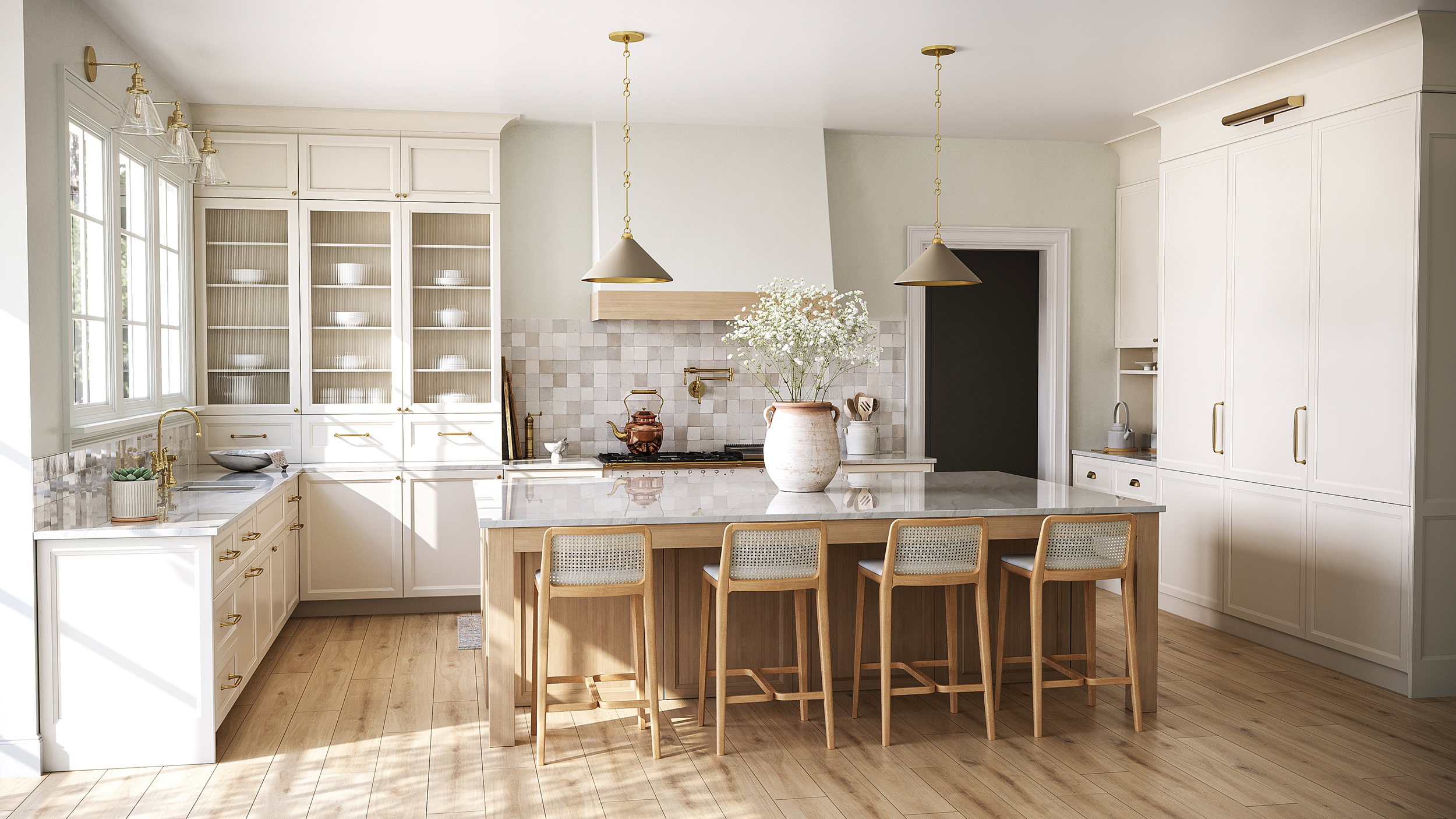 Light-filled kitchen featuring warm painted cabinetry, natural wood flooring, brass pendant lighting, and layered textures that create an inviting and comfortable atmosphere.