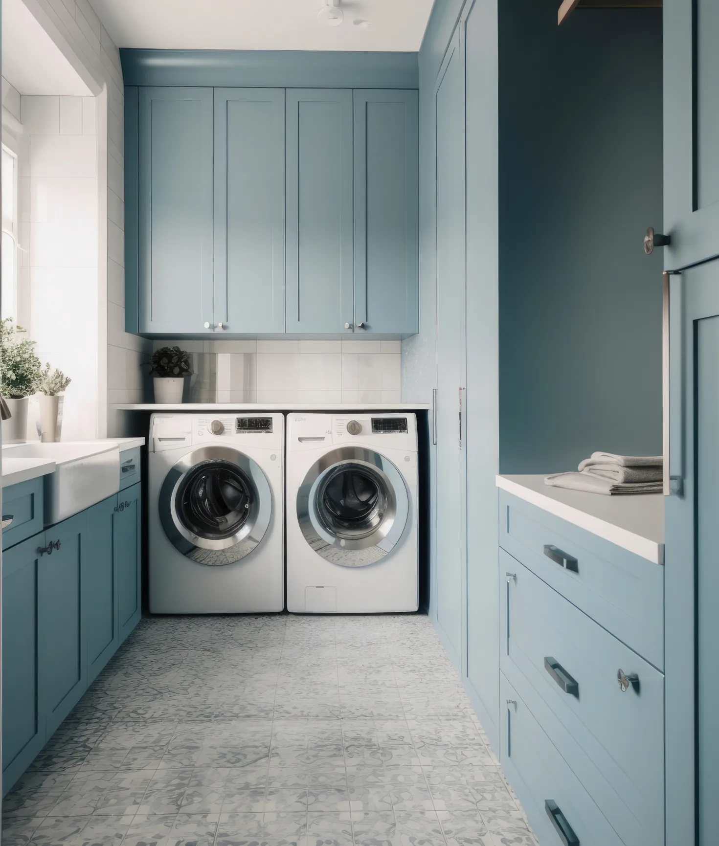 Semi custom laundry and mudroom cabinetry with warm finishes and closed storage by Hester Family Millwork.