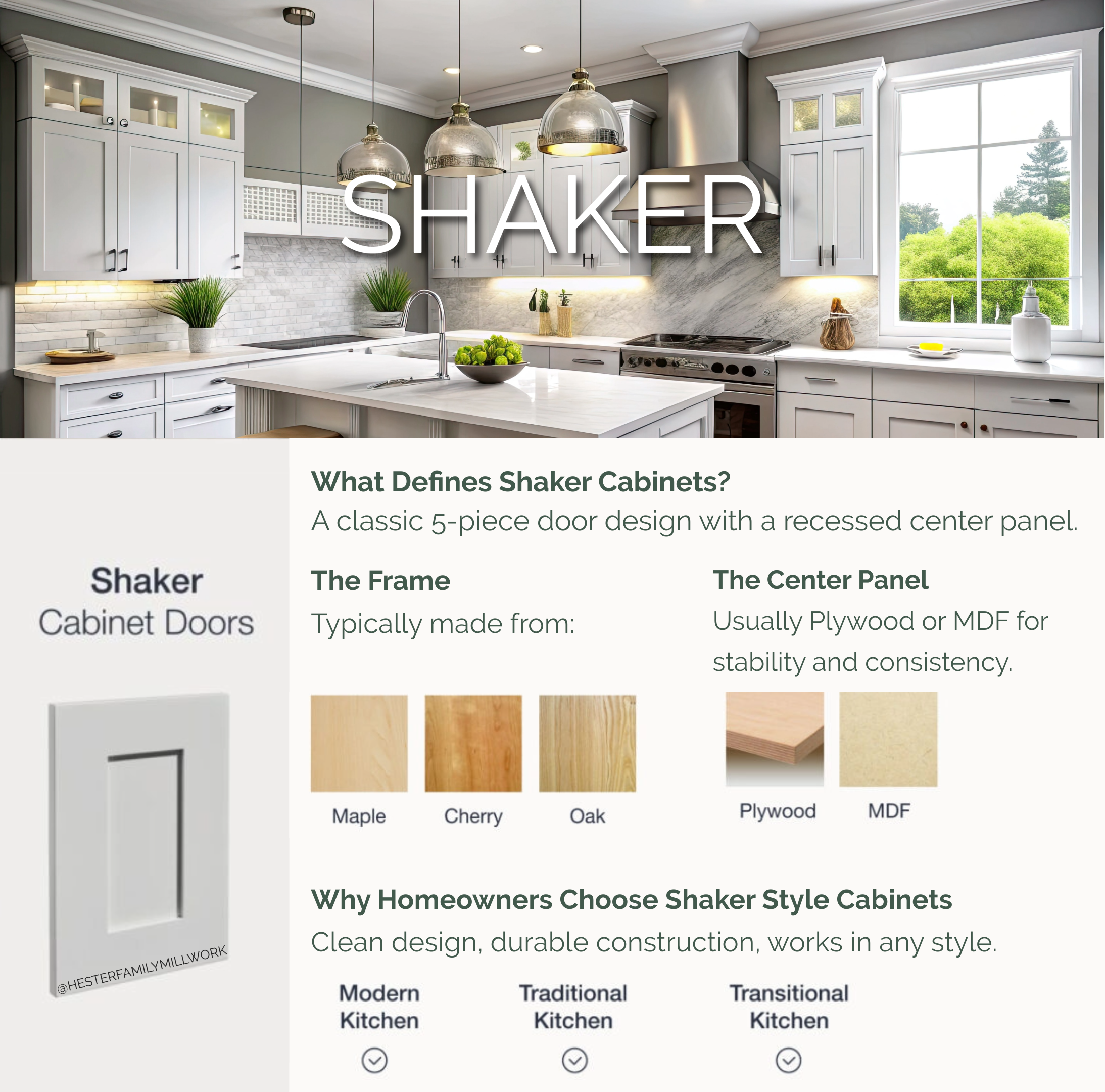 Infographic explaining what defines Shaker cabinet doors by Hester Family Millwork