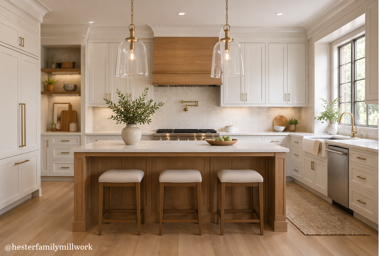 Two-tone kitchen with painted white cabinets and a stained white oak island, featuring quartz countertops, brass hardware, and custom cabinetry design for a timeless, functional layout