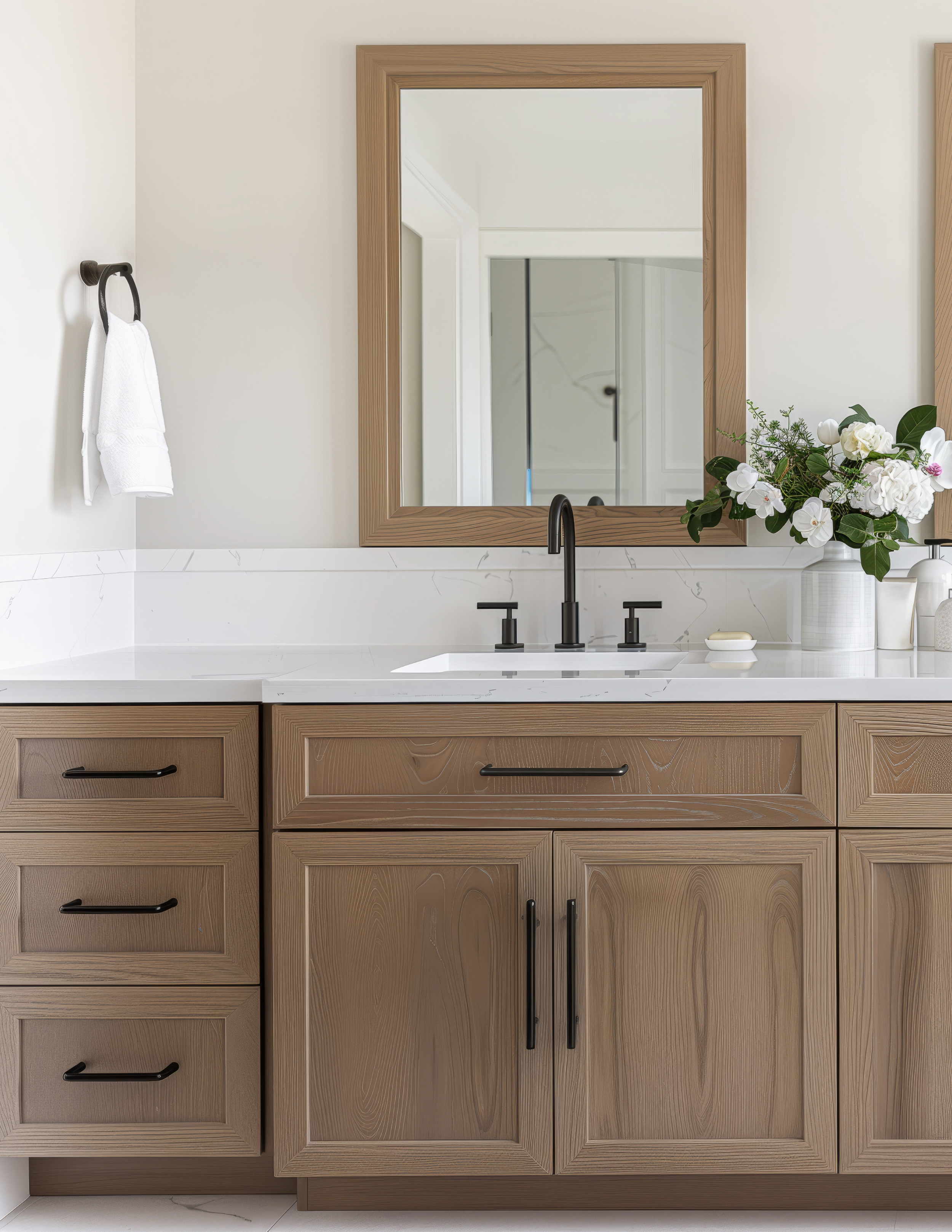 Modern oak bathroom vanity with slab-style doors, integrated drawers, black hardware, and quartz countertop for a clean, architectural look.