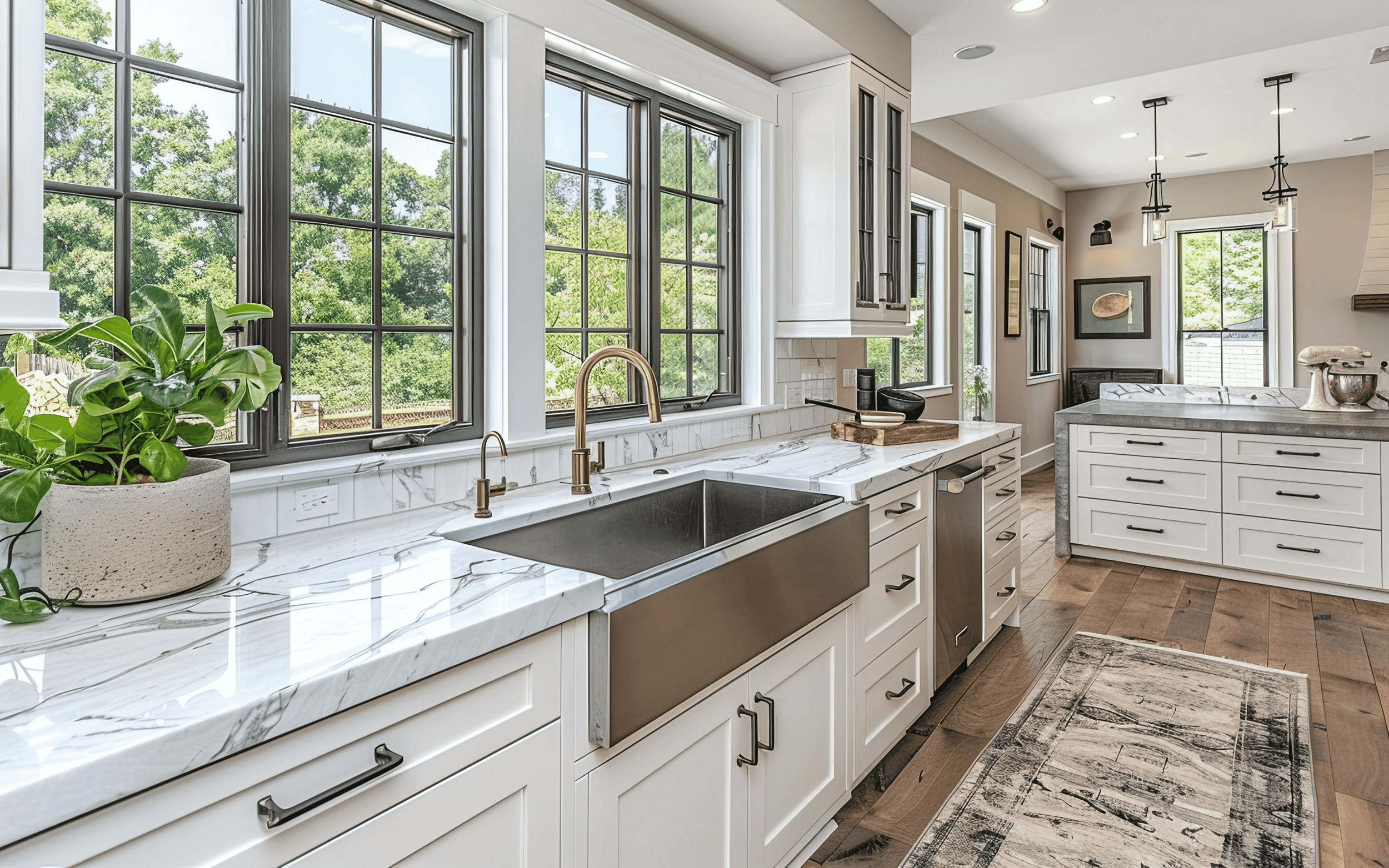 White kitchen with brass faucet, large windows, and warm finishes that coordinate with cabinetry hardware.