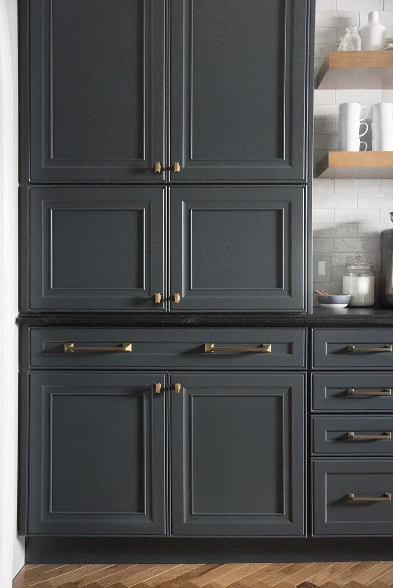 Raised panel kitchen cabinetry with deep charcoal cabinet doors, classic panel detailing, brass hardware, and integrated storage, showcasing a timeless traditional cabinetry style with modern finishes.