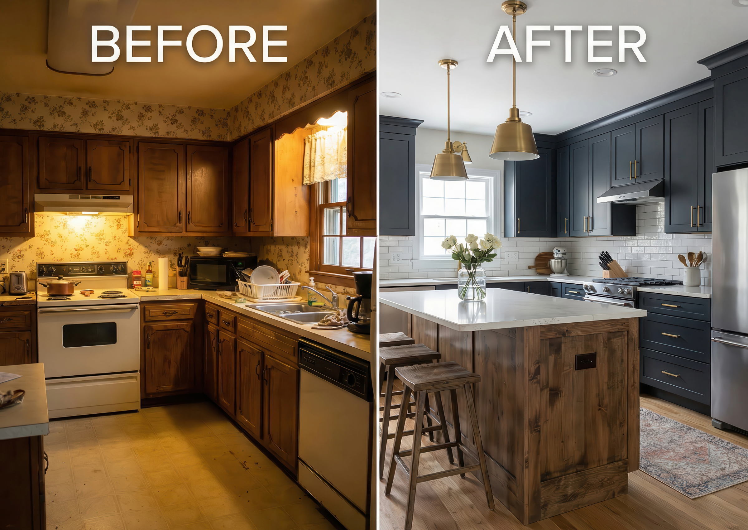 Before and after kitchen remodel comparison showing outdated cabinets replaced with modern custom cabinetry and upgraded layout