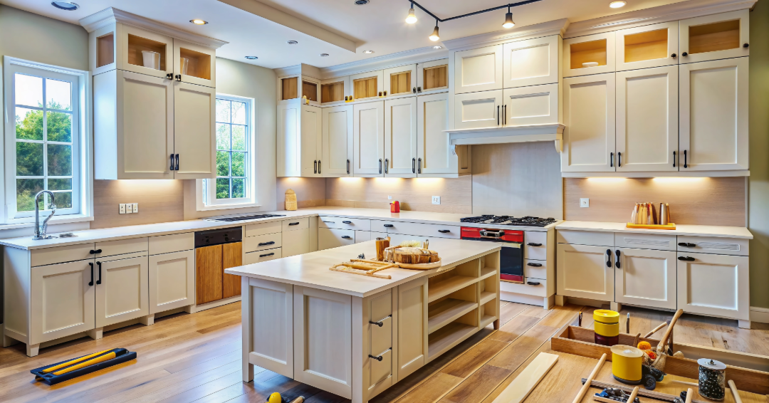 Semi-custom painted kitchen cabinets with open shelving and functional island, ideal for homeowners comparing remodeling vs moving costs