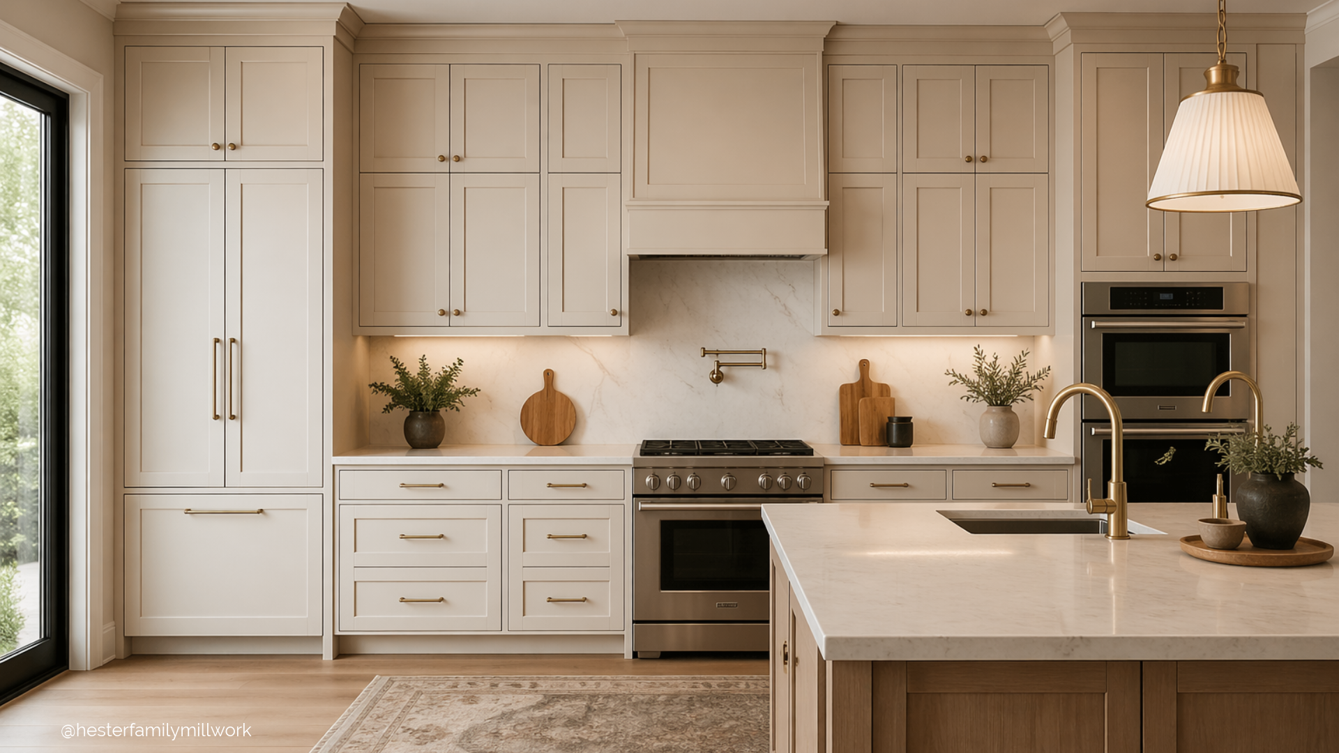 Elegant kitchen with cream painted cabinets, natural wood island, marble countertops, and warm brass fixtures designed for timeless kitchen cabinetry in North Georgia homes.