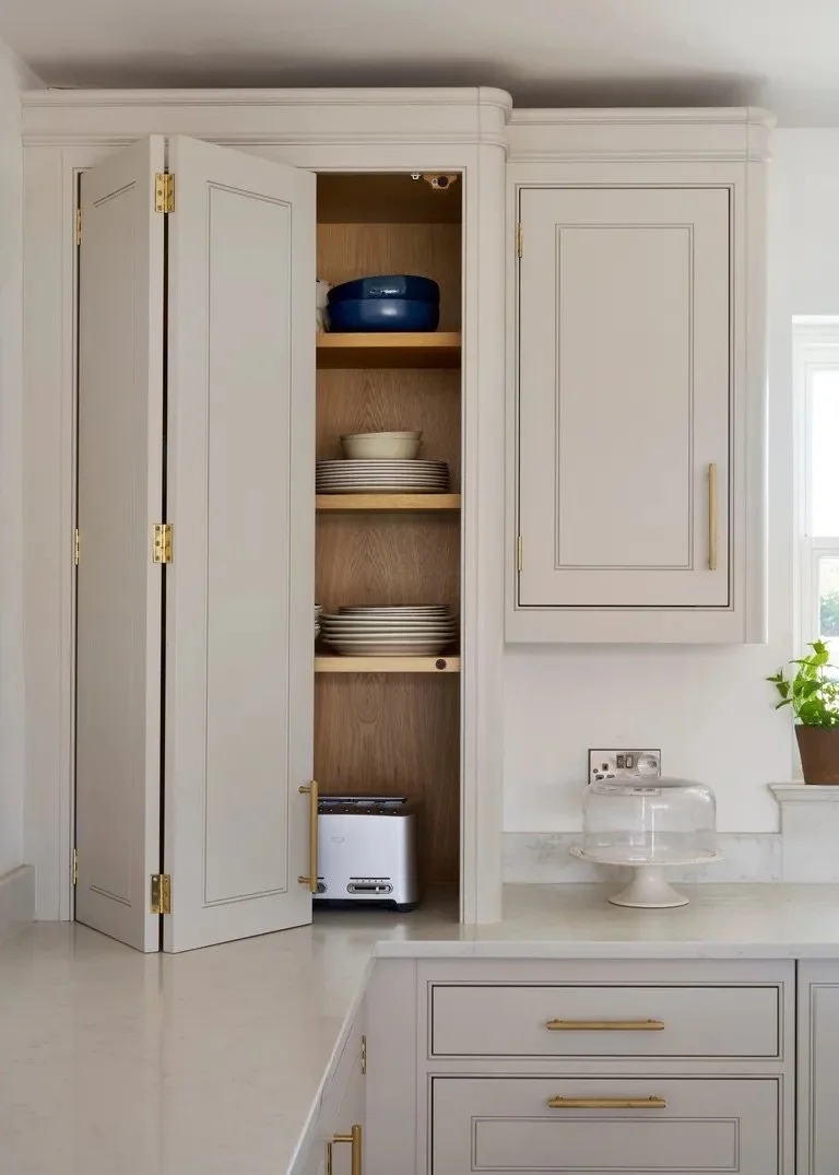 Integrated corner cabinetry keeps everyday storage accessible while maintaining a seamless, architectural look.