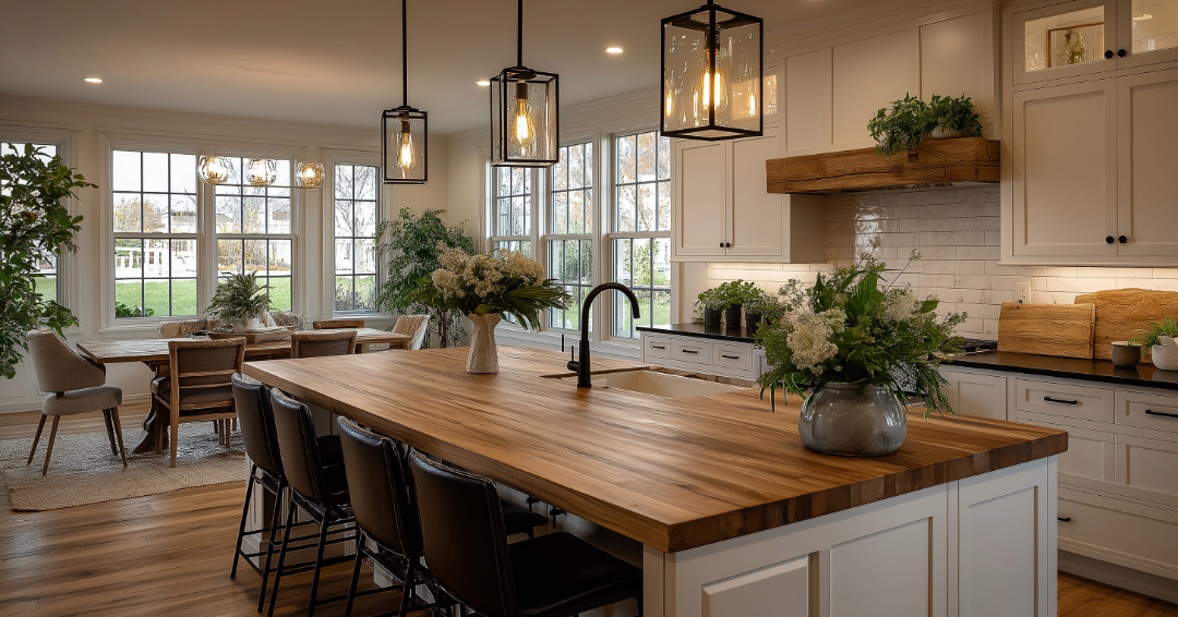 Warm two tone kitchen cabinetry with butcher block countertop by Hester Family Millwork