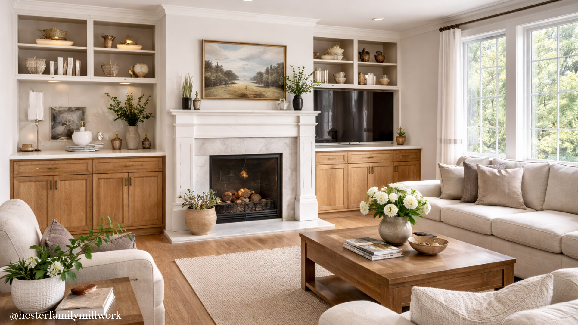 Custom built-in cabinets and shelving in a living room with painted upper shelving and stained wood base cabinets, designed for storage, display, and a cohesive home aesthetic