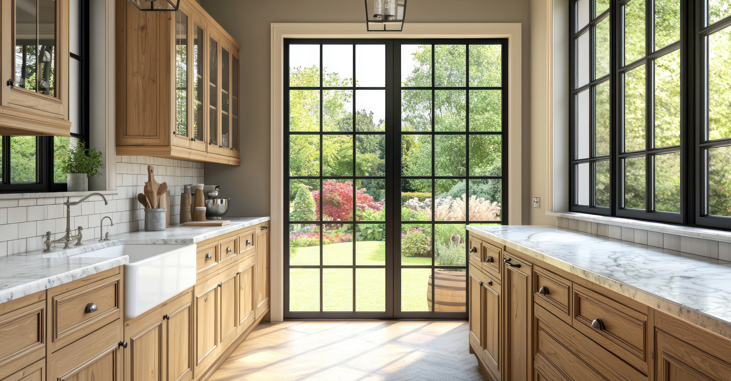 Natural wood base cabinets with large windows and layered textures in a modern 2026 kitchen design