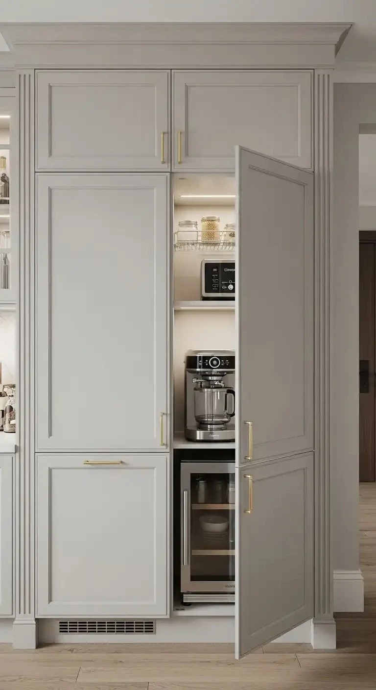 Integrated floor-to-ceiling cabinetry conceals appliances and storage, allowing the kitchen to feel cohesive and architectural rather than segmented.