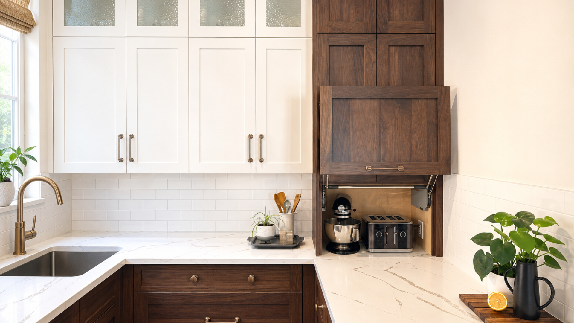 Honey-toned kitchen cabinetry with an open upper corner Lazy Susan featuring three rotating storage shelves.