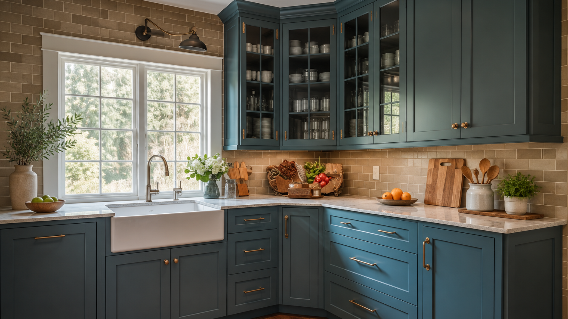 Gray kitchen cabinetry with a blind corner pullout system featuring three rotating wooden storage trays.