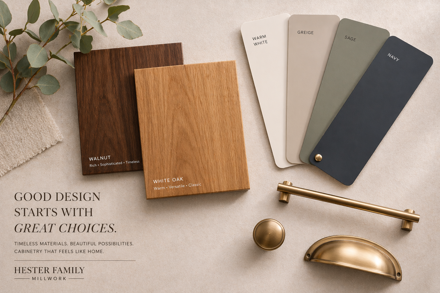 Cabinet design materials including walnut and white oak wood samples, paint color swatches, and brass hardware, illustrating finish options for custom and semi-custom cabinetry
