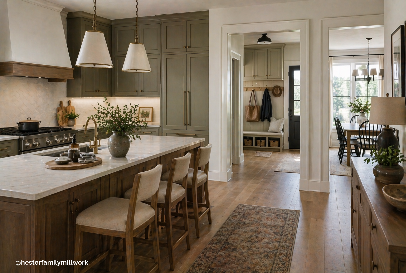 Open concept kitchen with large island, custom cabinetry, and seamless transition into dining and storage areas, showing whole-home cabinetry continuity and functional design.