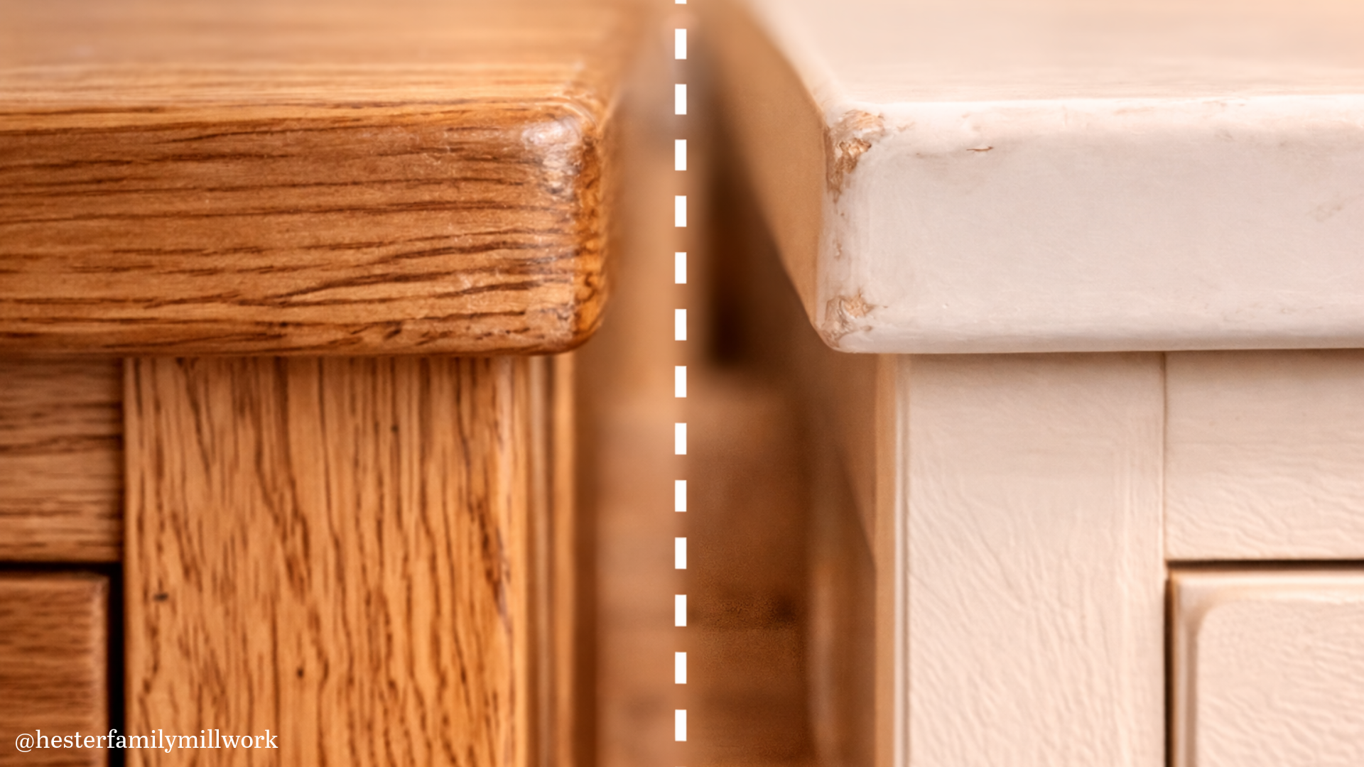 Close up comparison of stained wood cabinetry and painted cabinet finish, showing how natural wood grain conceals wear while painted surfaces can show minor edge chipping over time