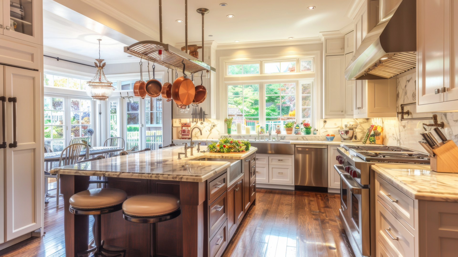 Custom kitchen with white cabinetry, dark wood island, marble countertops, and hanging copper cookware creating a warm, layered design