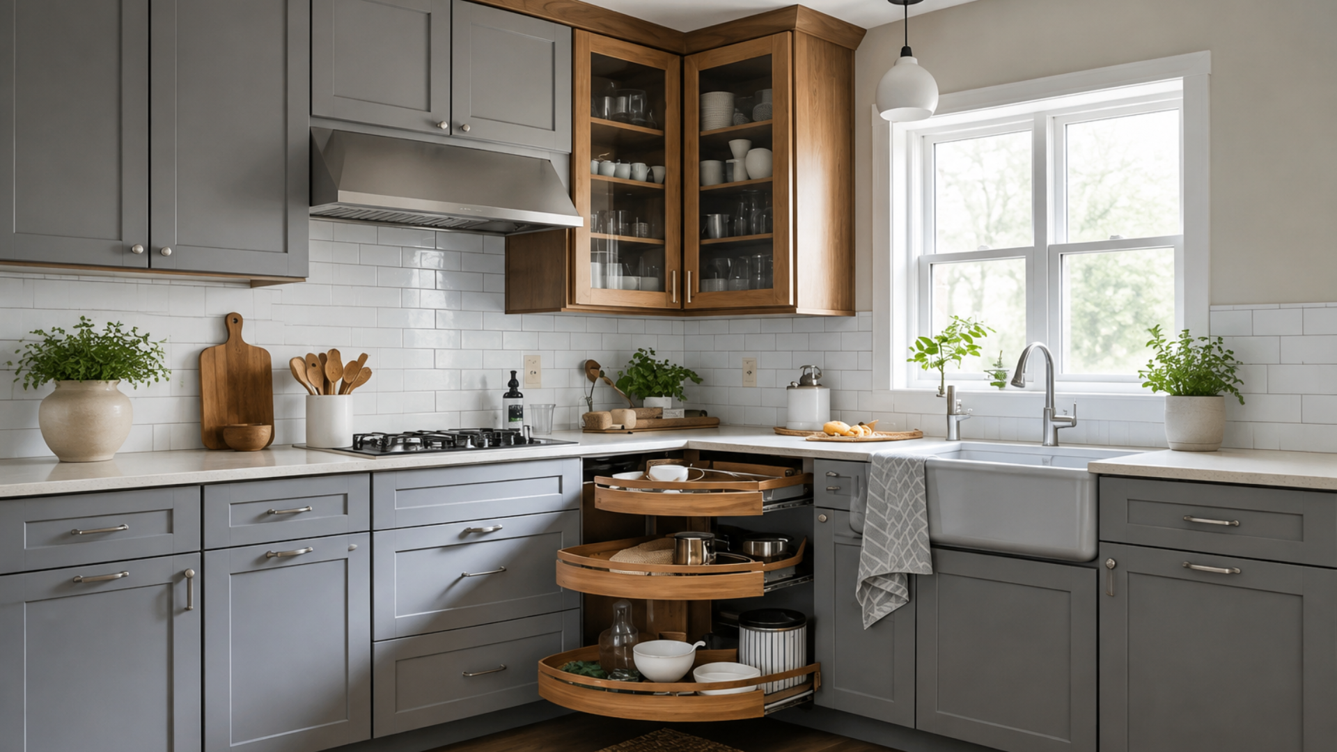 White custom kitchen cabinetry with accessible corner drawers, black countertops, built-in shelving, and detailed crown molding.