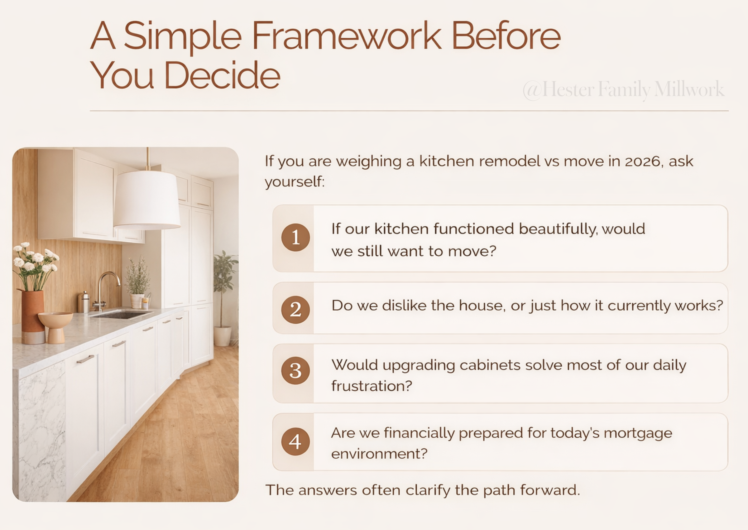 Kitchen remodel vs move 2026 decision framework infographic outlining key questions homeowners should consider before listing their home