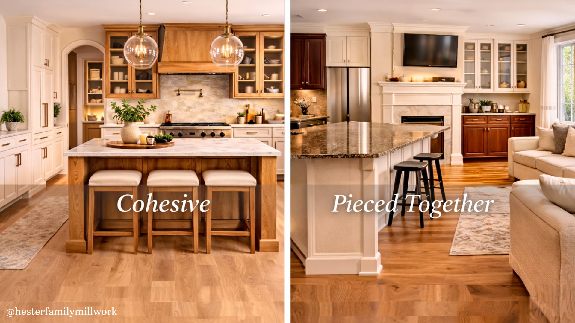 Two-tone kitchen cabinets with a stained wood island and painted perimeter cabinets, combining warmth and durability in a modern custom cabinet design