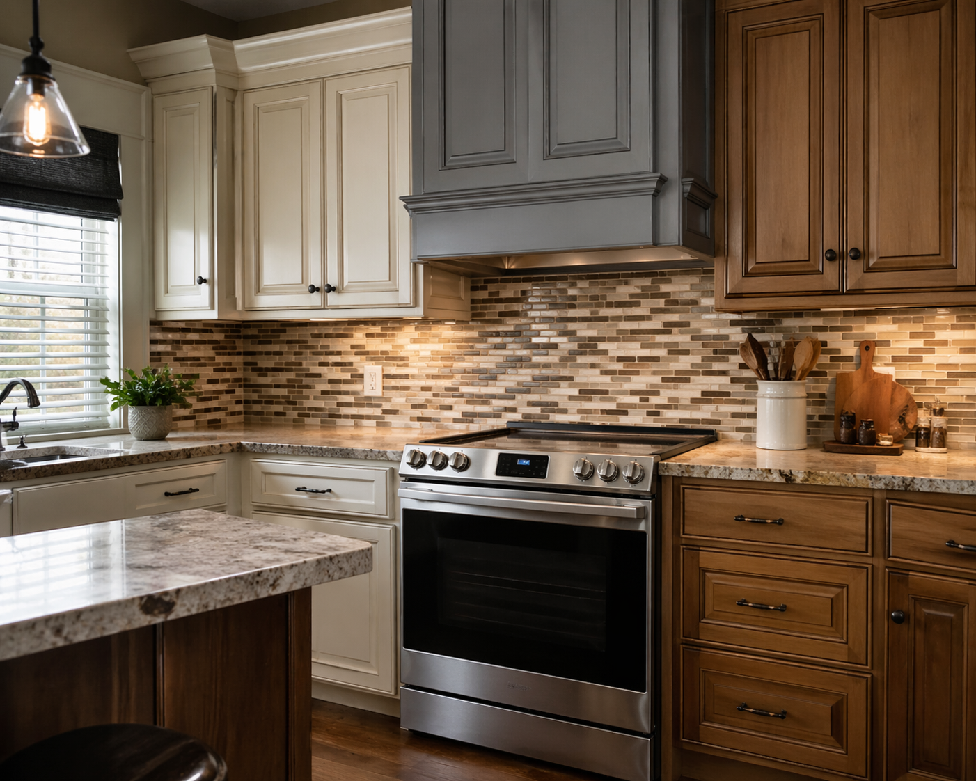 Kitchen with mixed cabinet finishes, warm wood and painted cabinets, busy mosaic backsplash, and varied countertop patterns creating subtle visual imbalance in cabinet design.