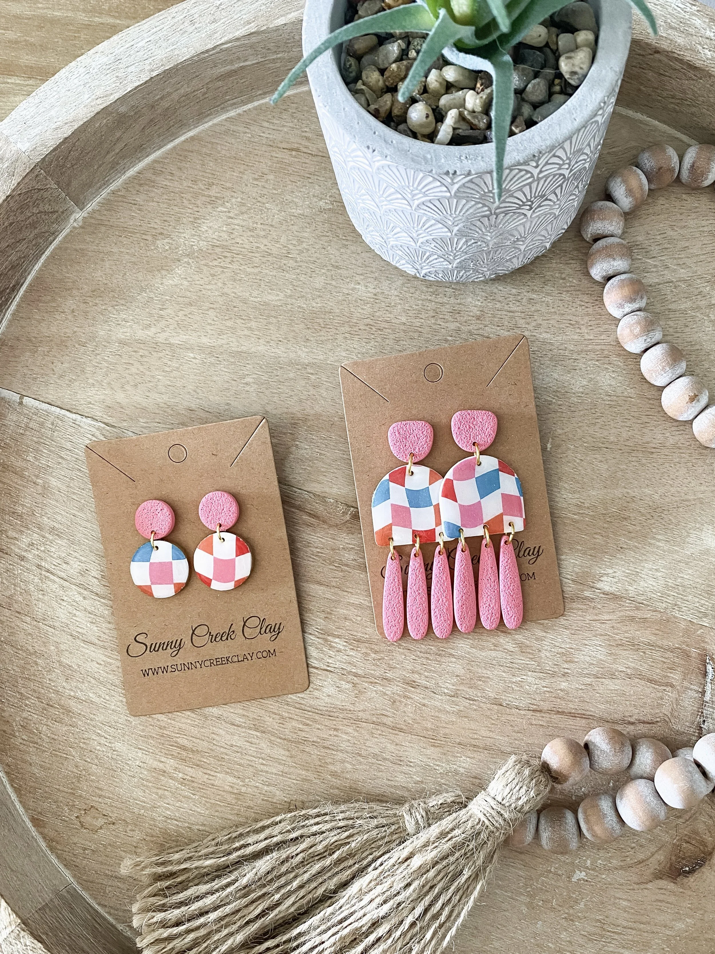 Colorful checkered handmade polymer clay earrings (two styles available)