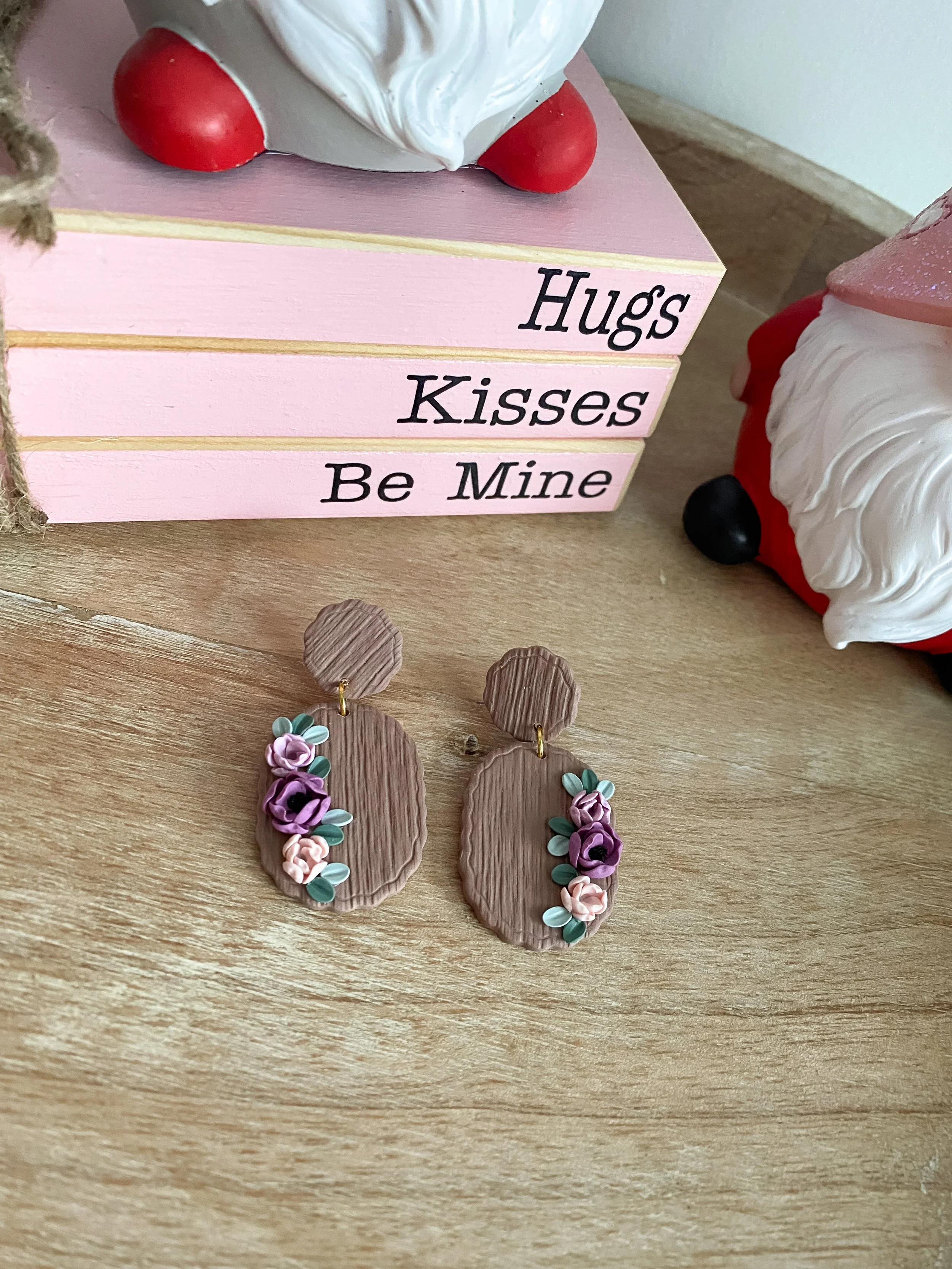 Oval pink and purple handmade floral polymer clay earrings