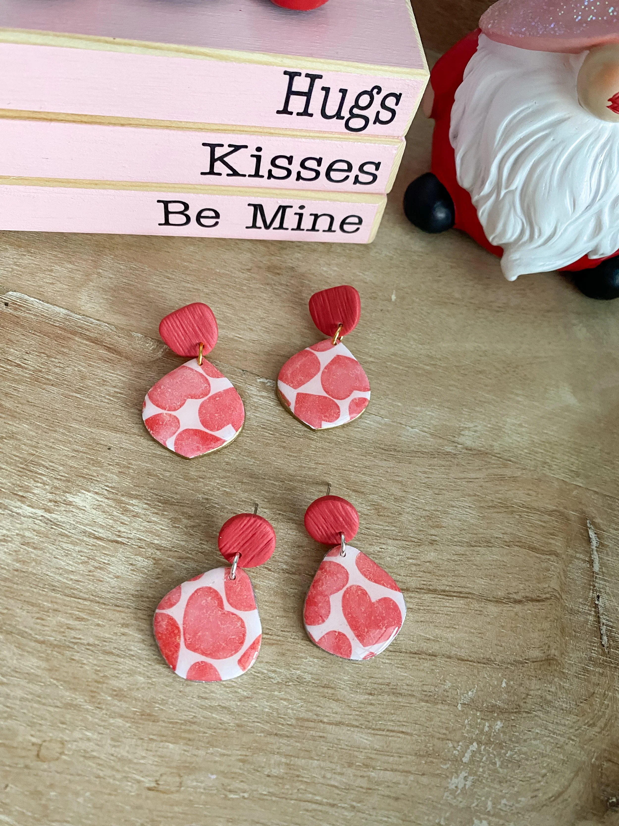 Red heart print handmade poylmer clay earrings
