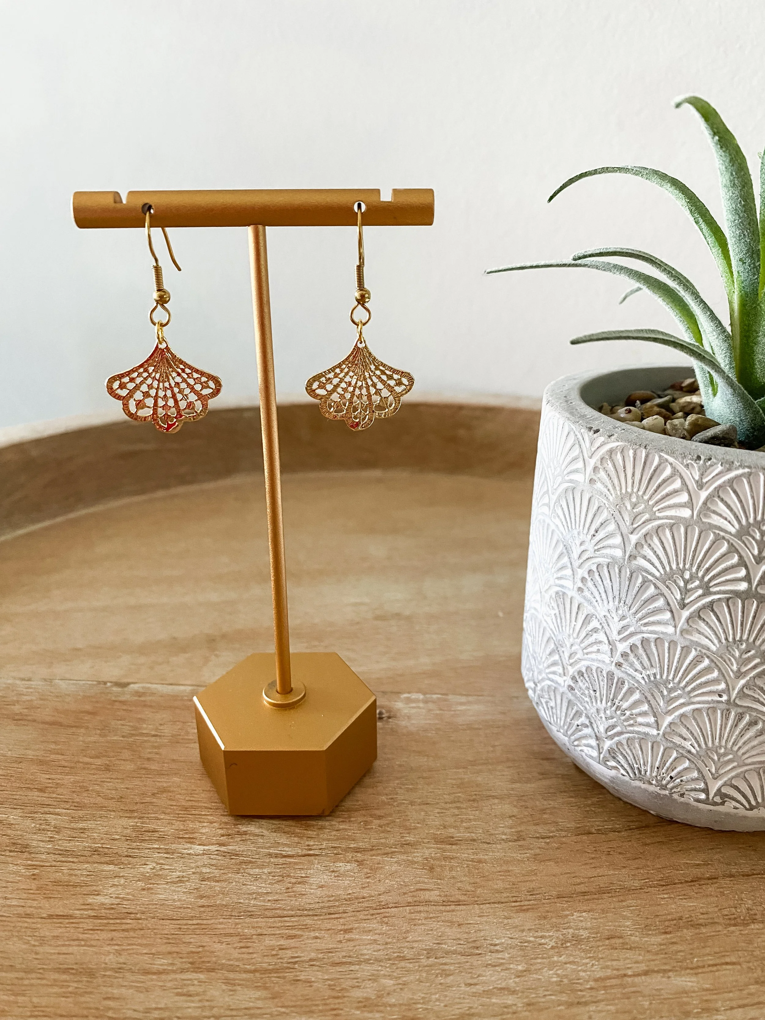 Gold Ornate Fan Dangle Earrings