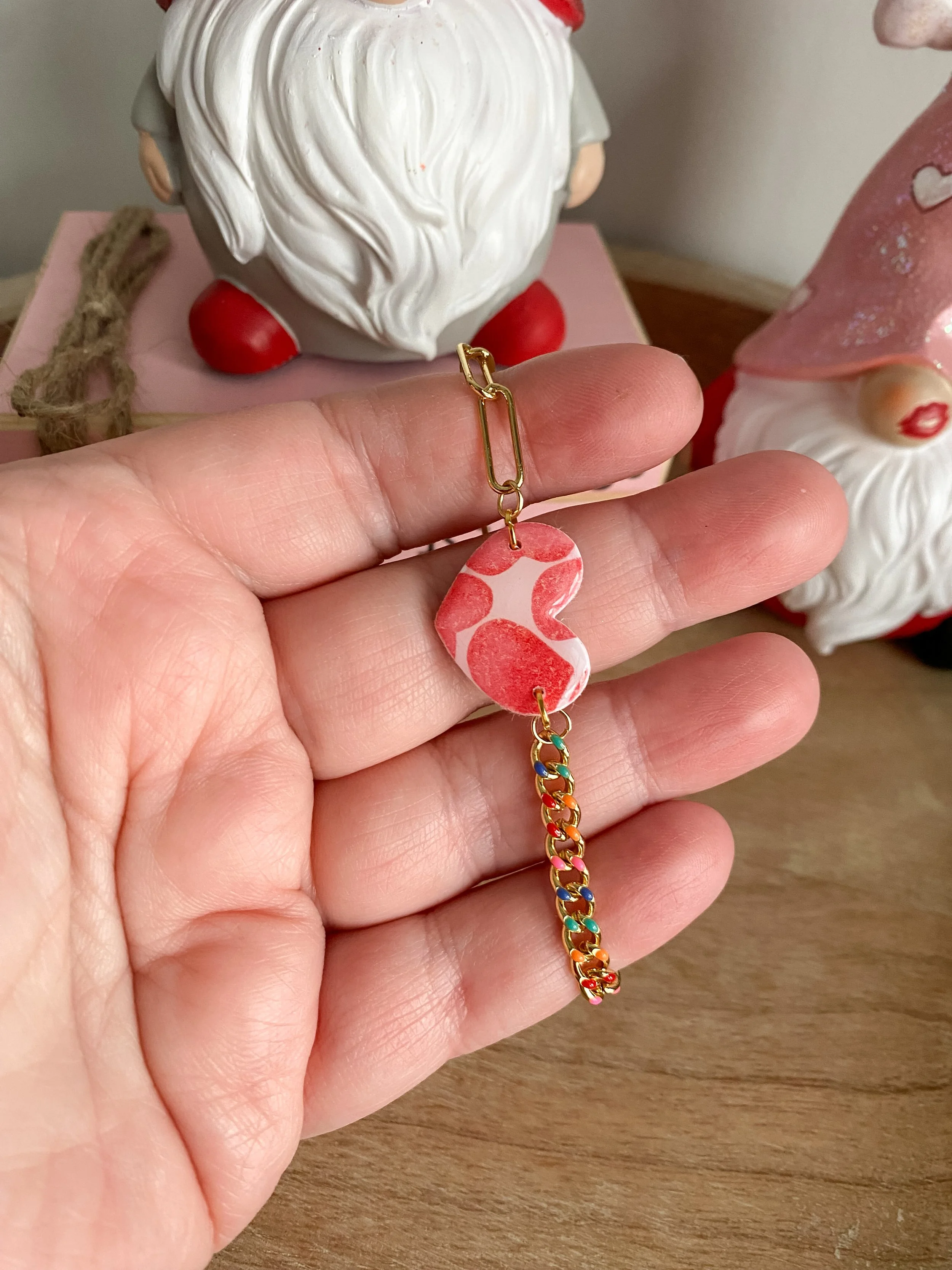 Large heart with rainbow gold handmade clay bracelet