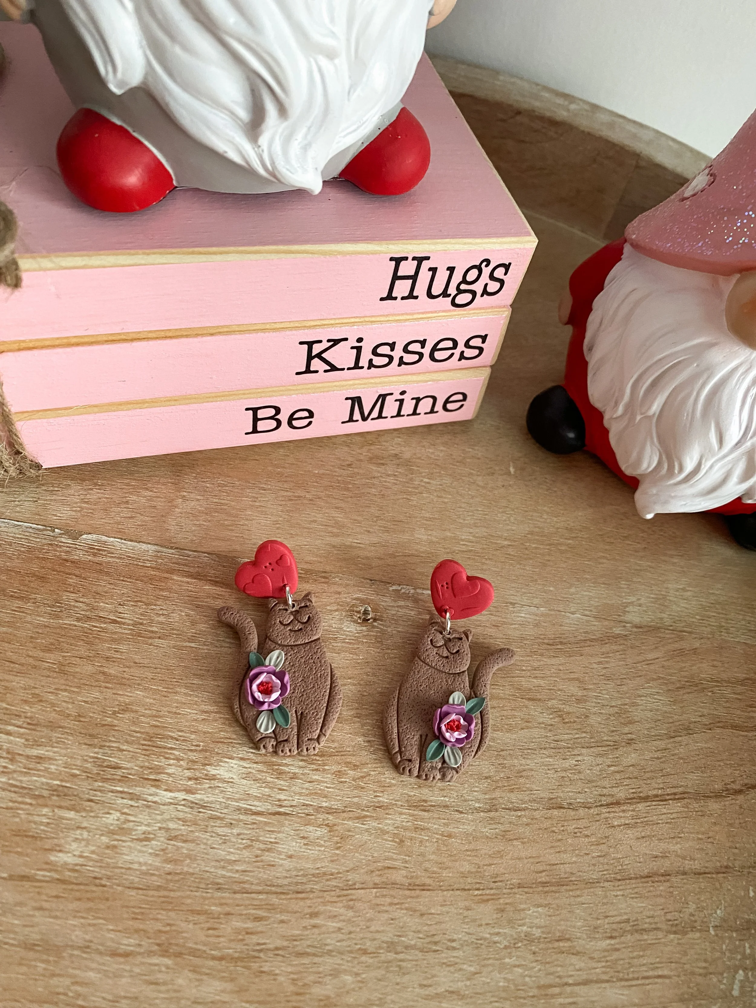 Valentine floral cat handmade polymer clay earrings