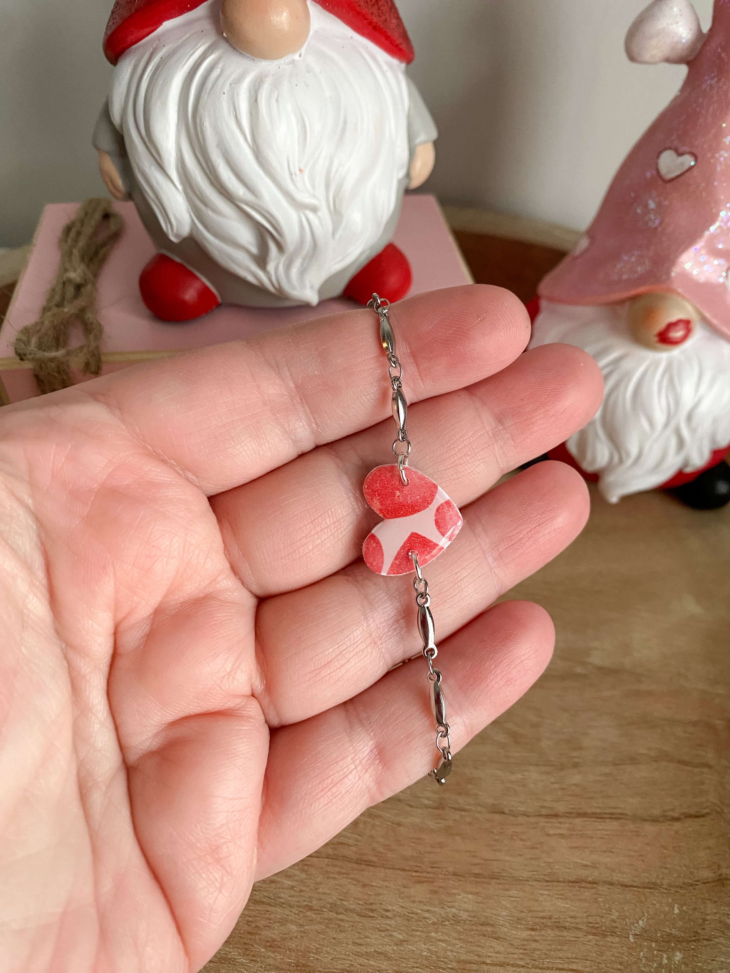 Silver heart print handmade polymer clay bracelet