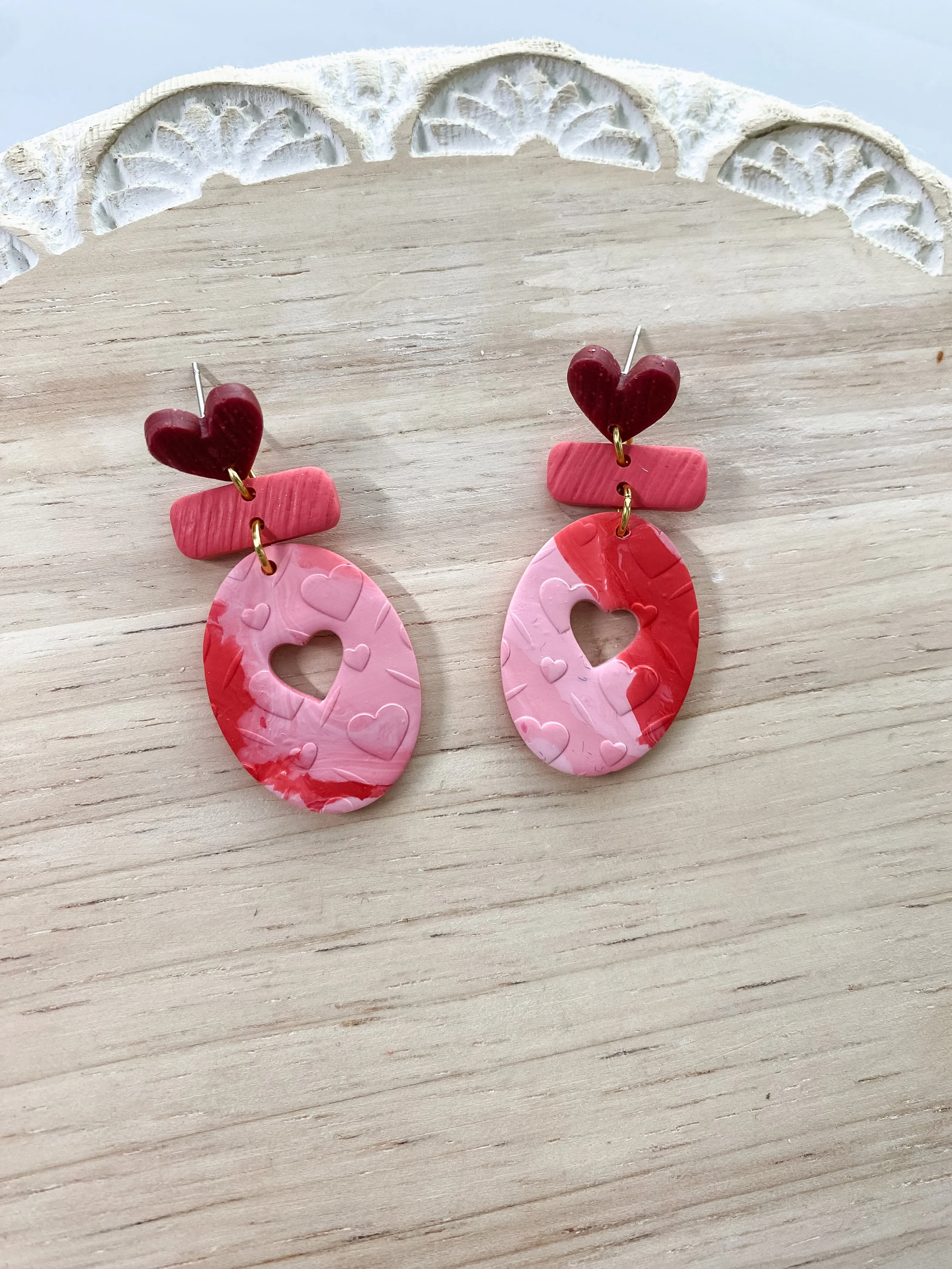 Stacked pink valentine's day handmade polymer clay earrings