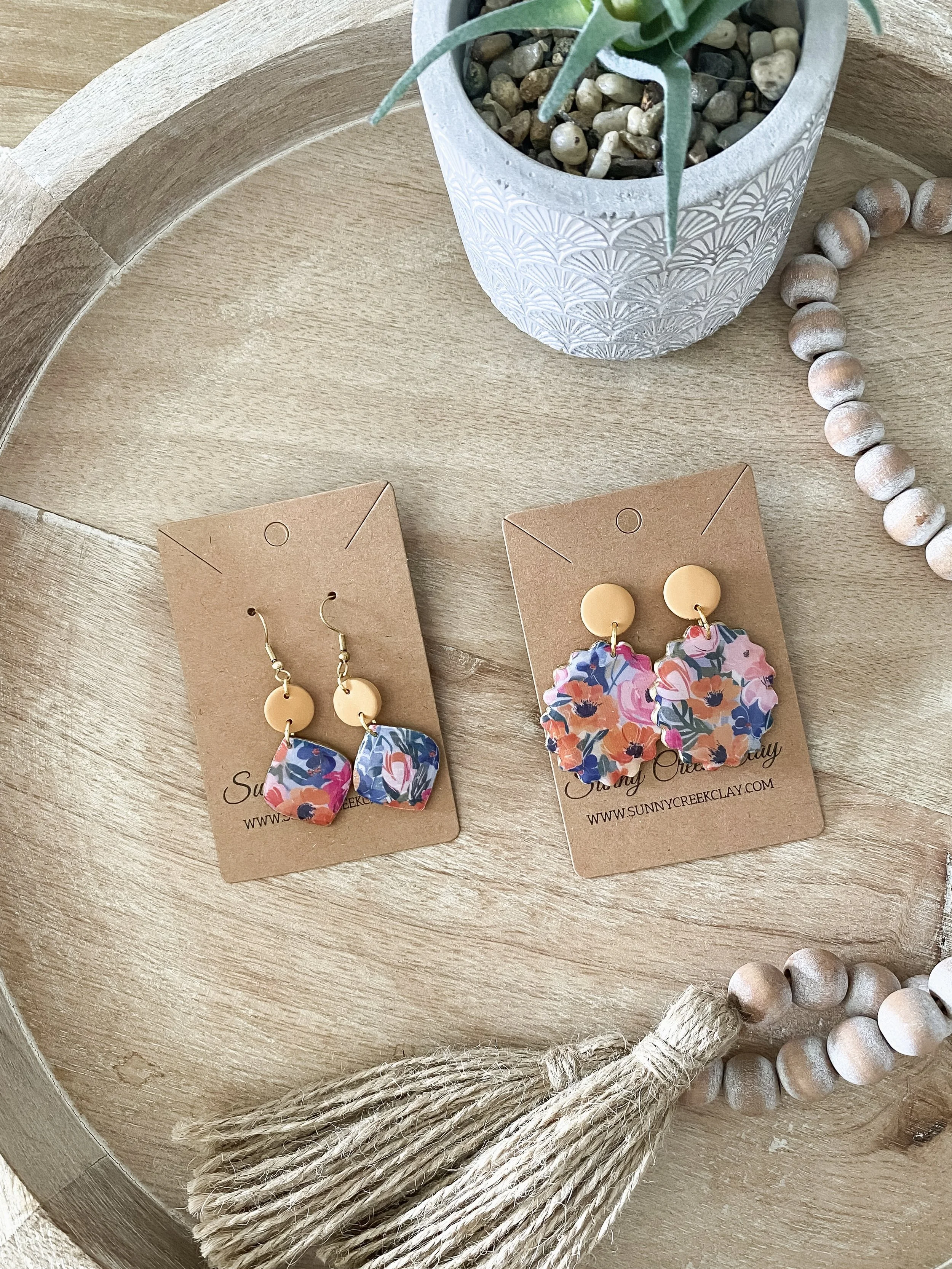 Deep floral print handmade polymer clay earrings (two styles available)