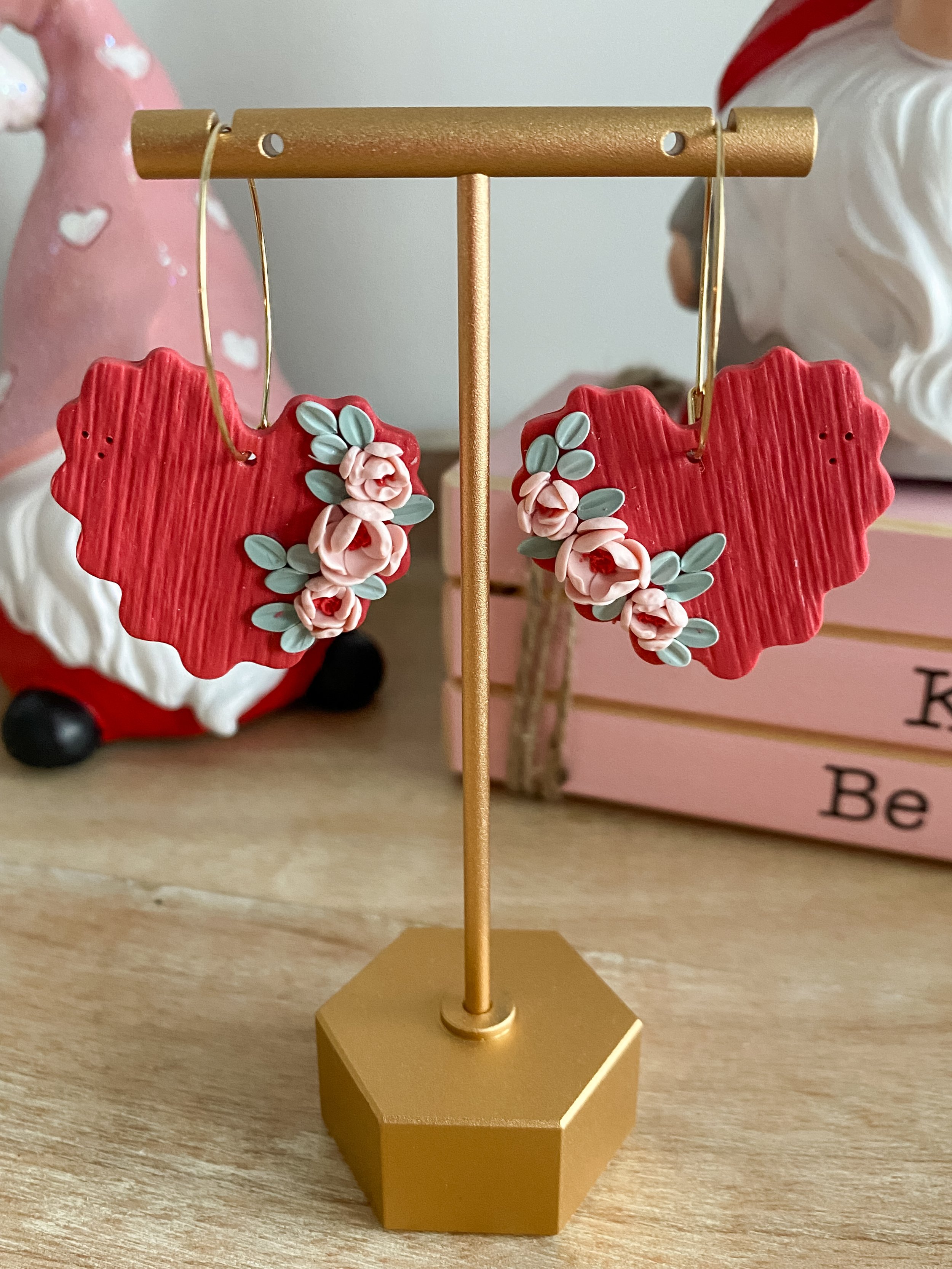 Red heart handmade floral polymer clay hoop earrings