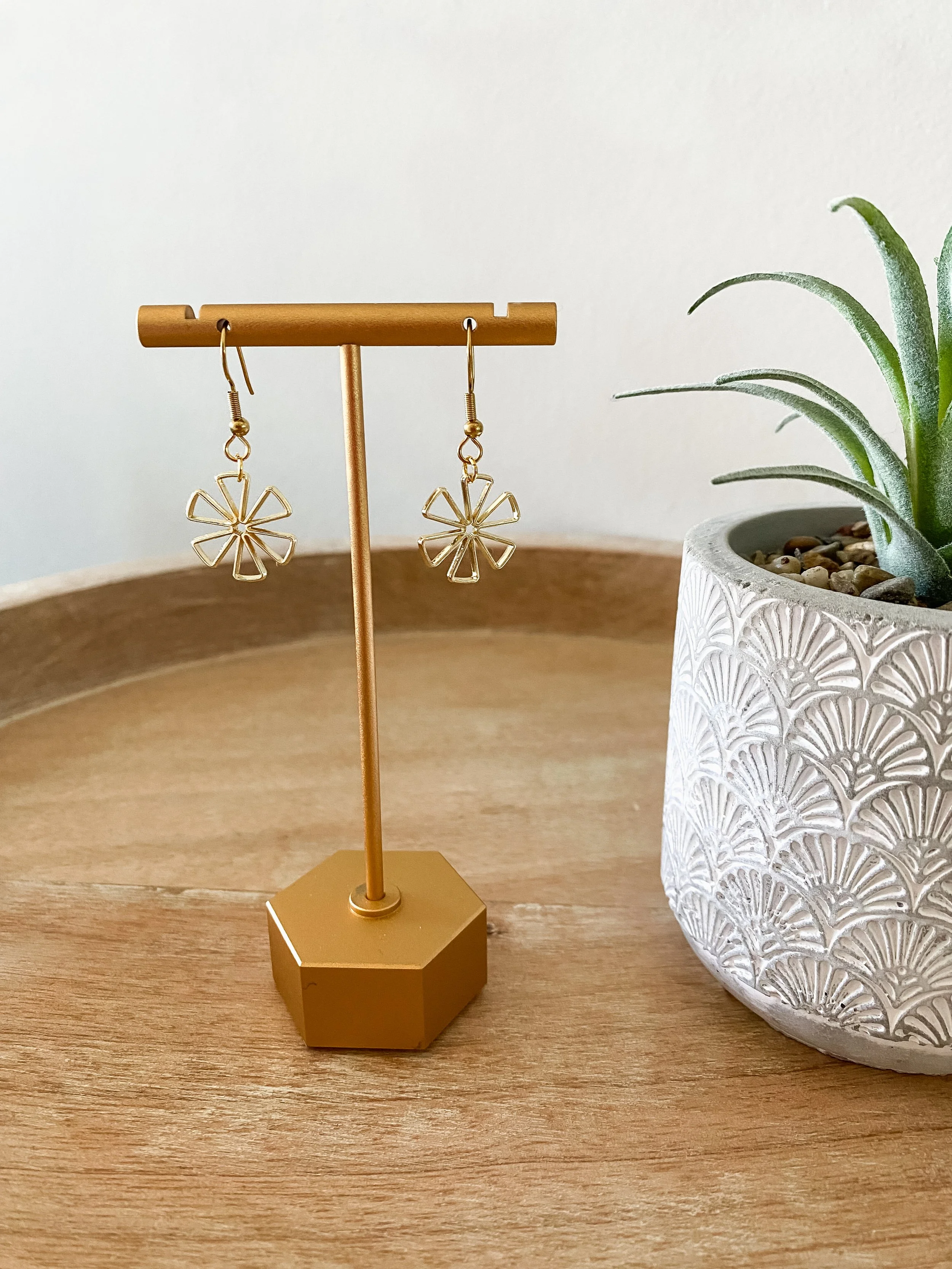 Gold Modern Flower Dangle Earrings