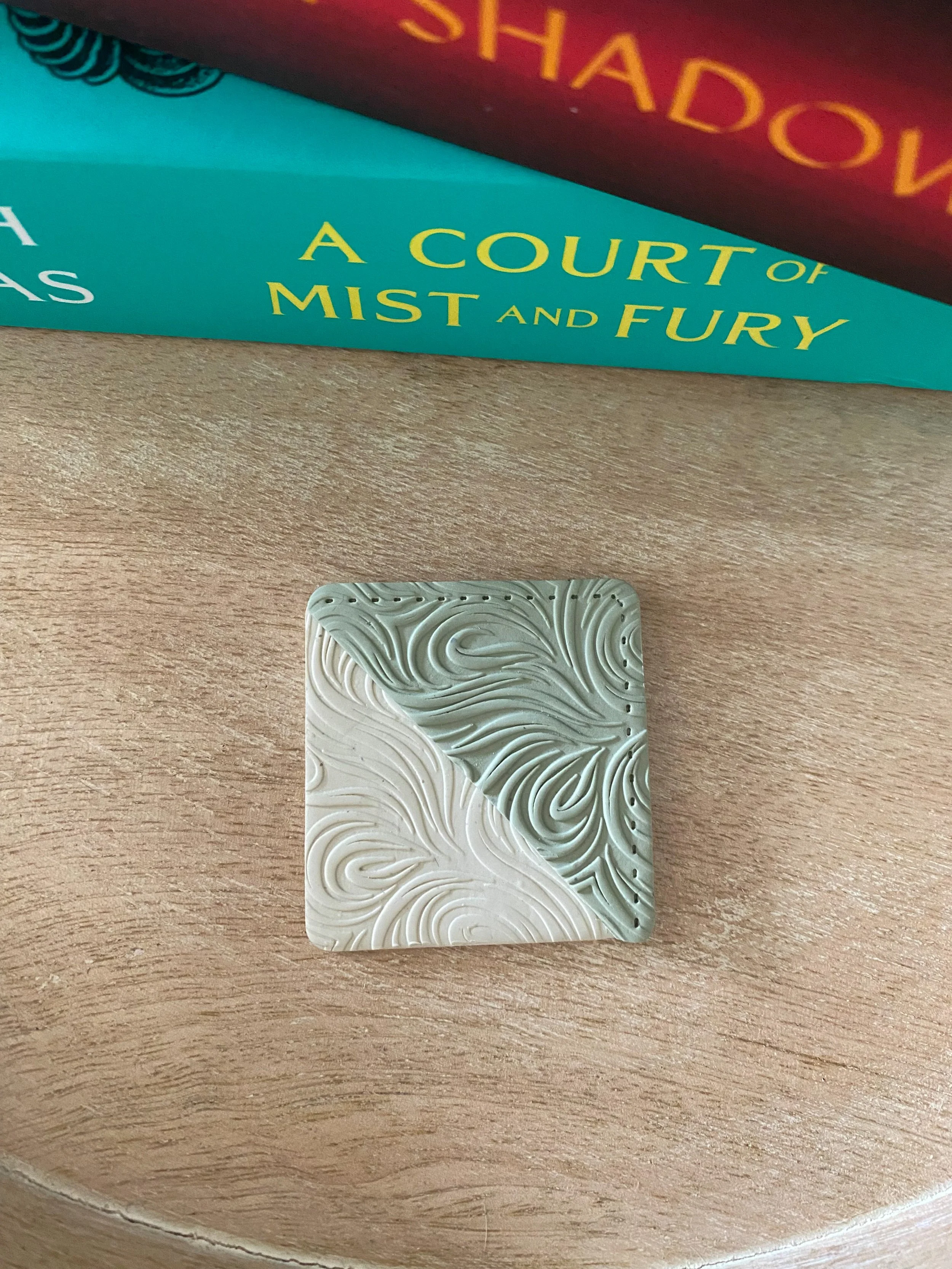 Green swirl handmade polymer clay corner bookmark