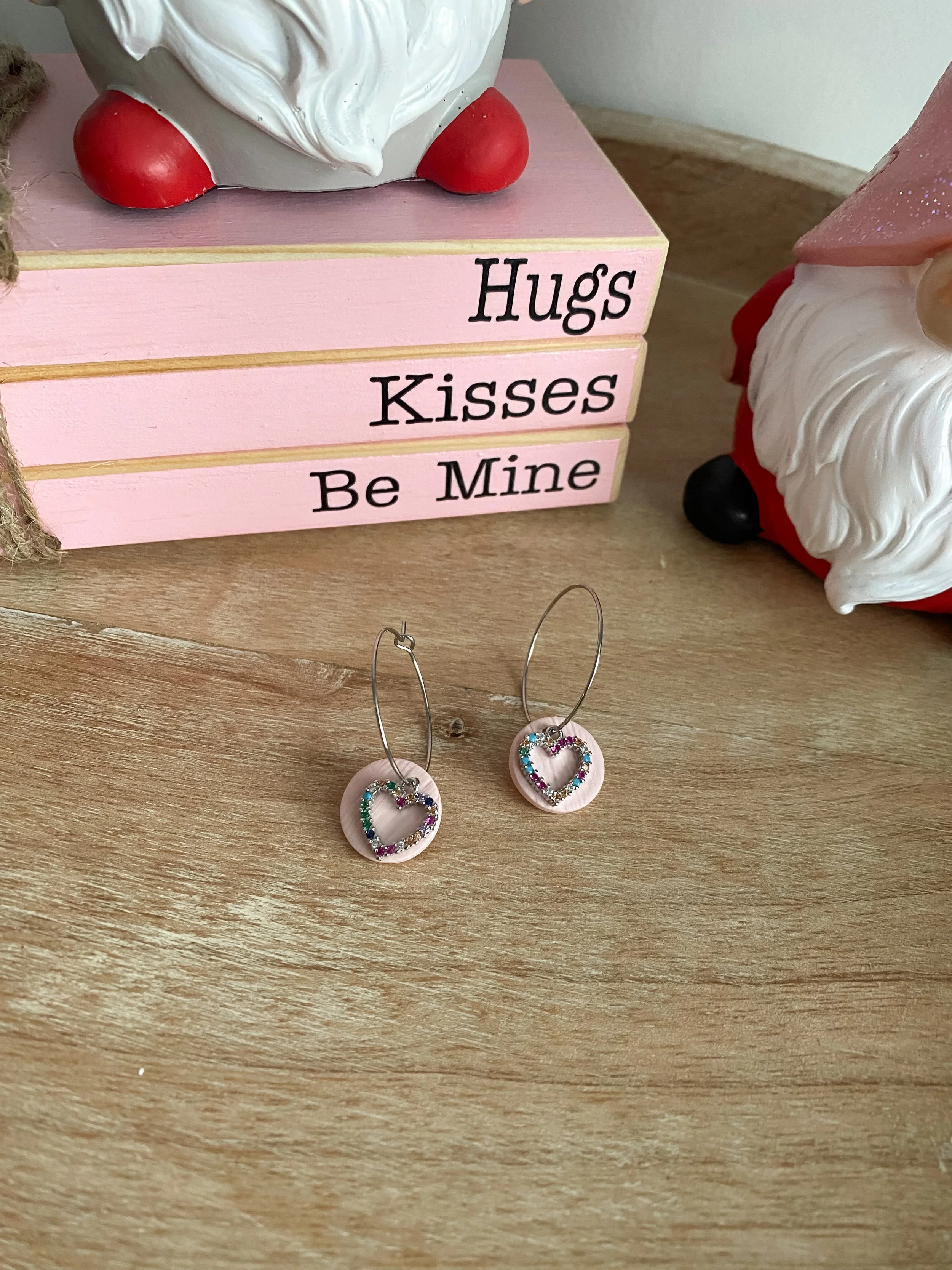 Pink heart handmade polymer clay hoop earrings