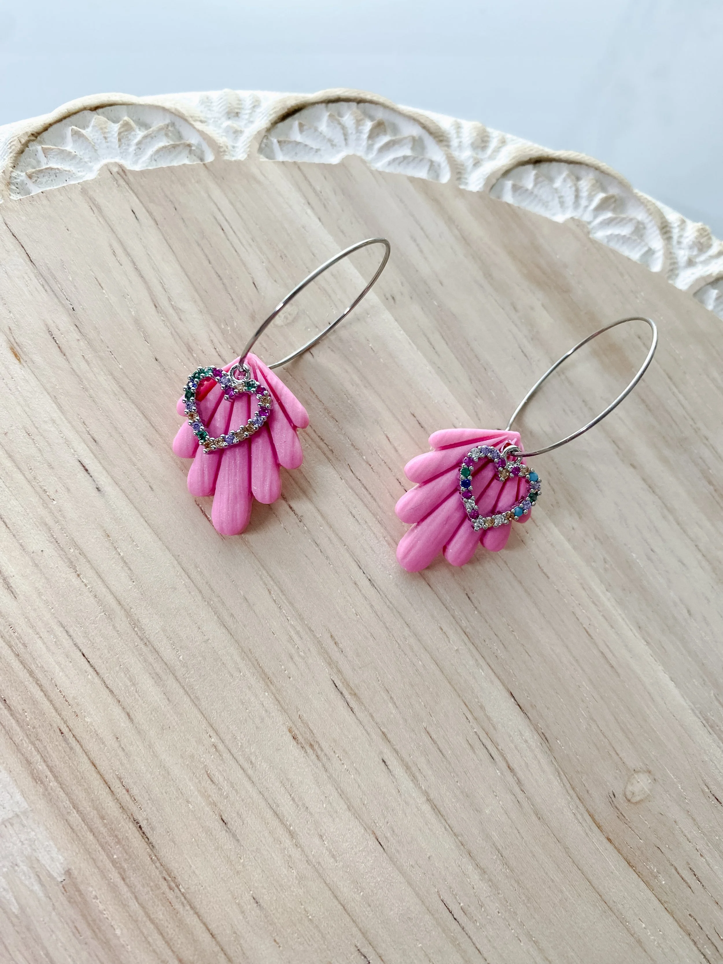 Pink teardrop and heart charm handmade polymer clay hoop earrings