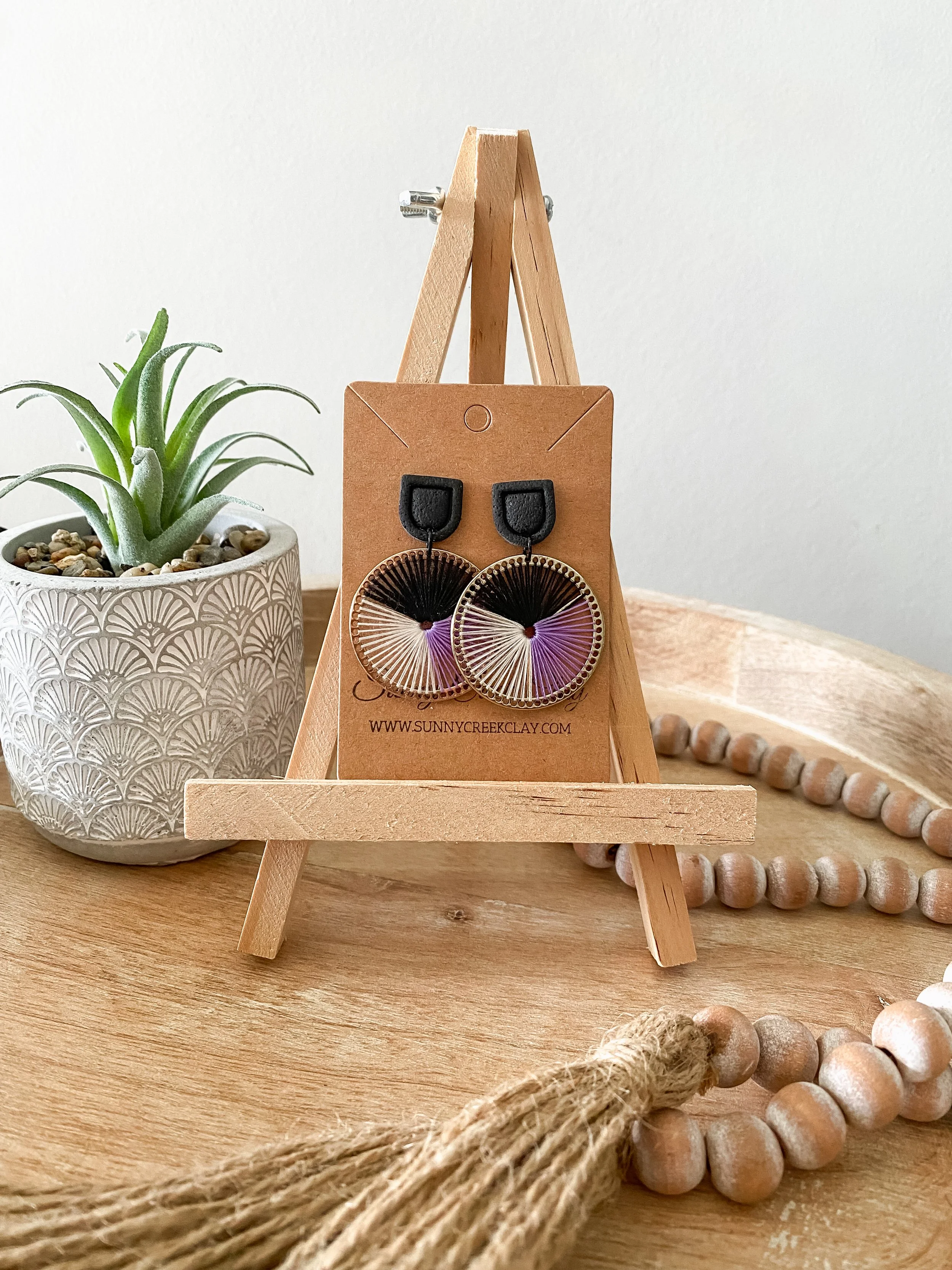 Purple black and white circle dangle earrings