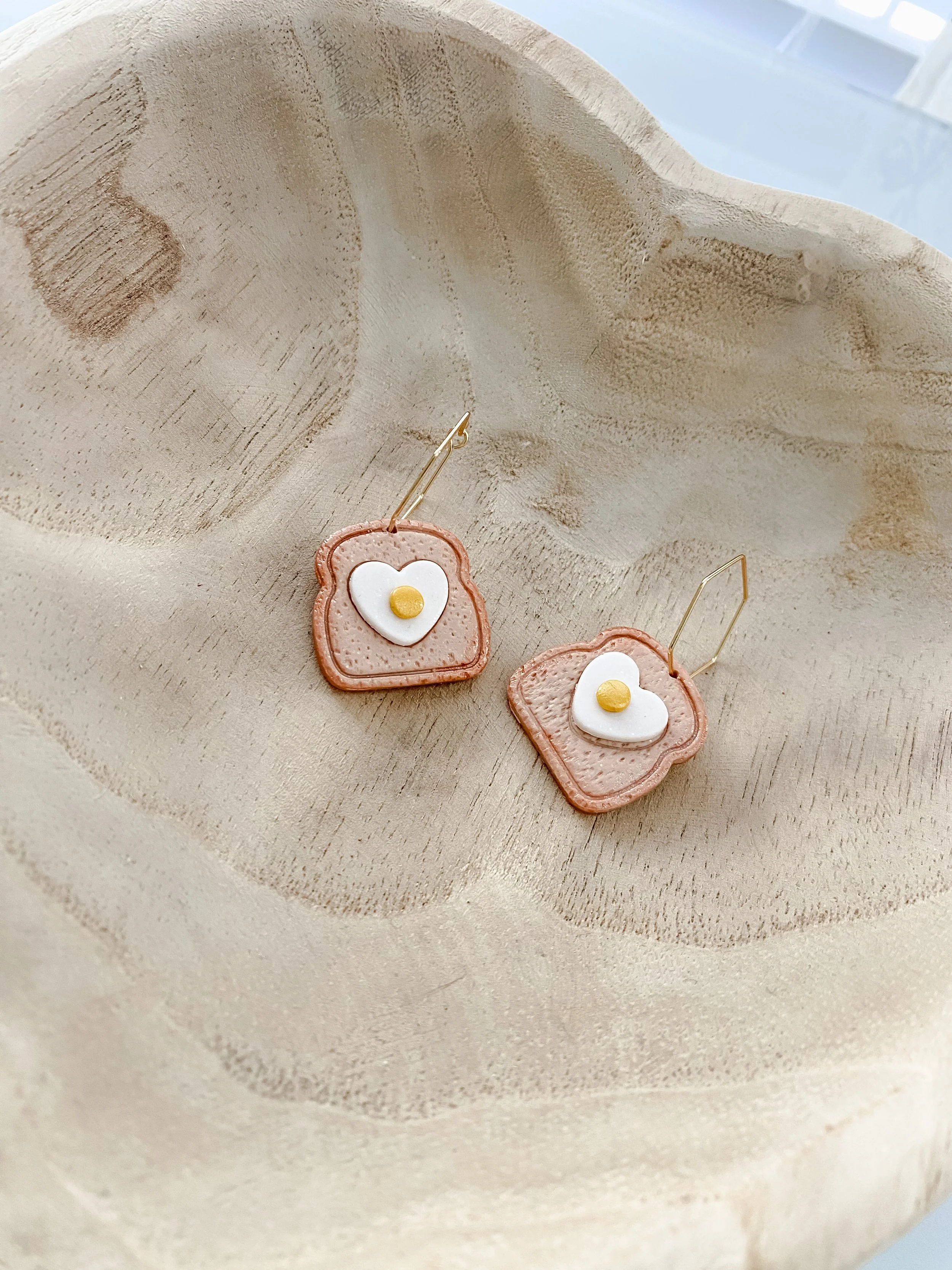 Heart egg toast handmade polymer clay hoop earrings