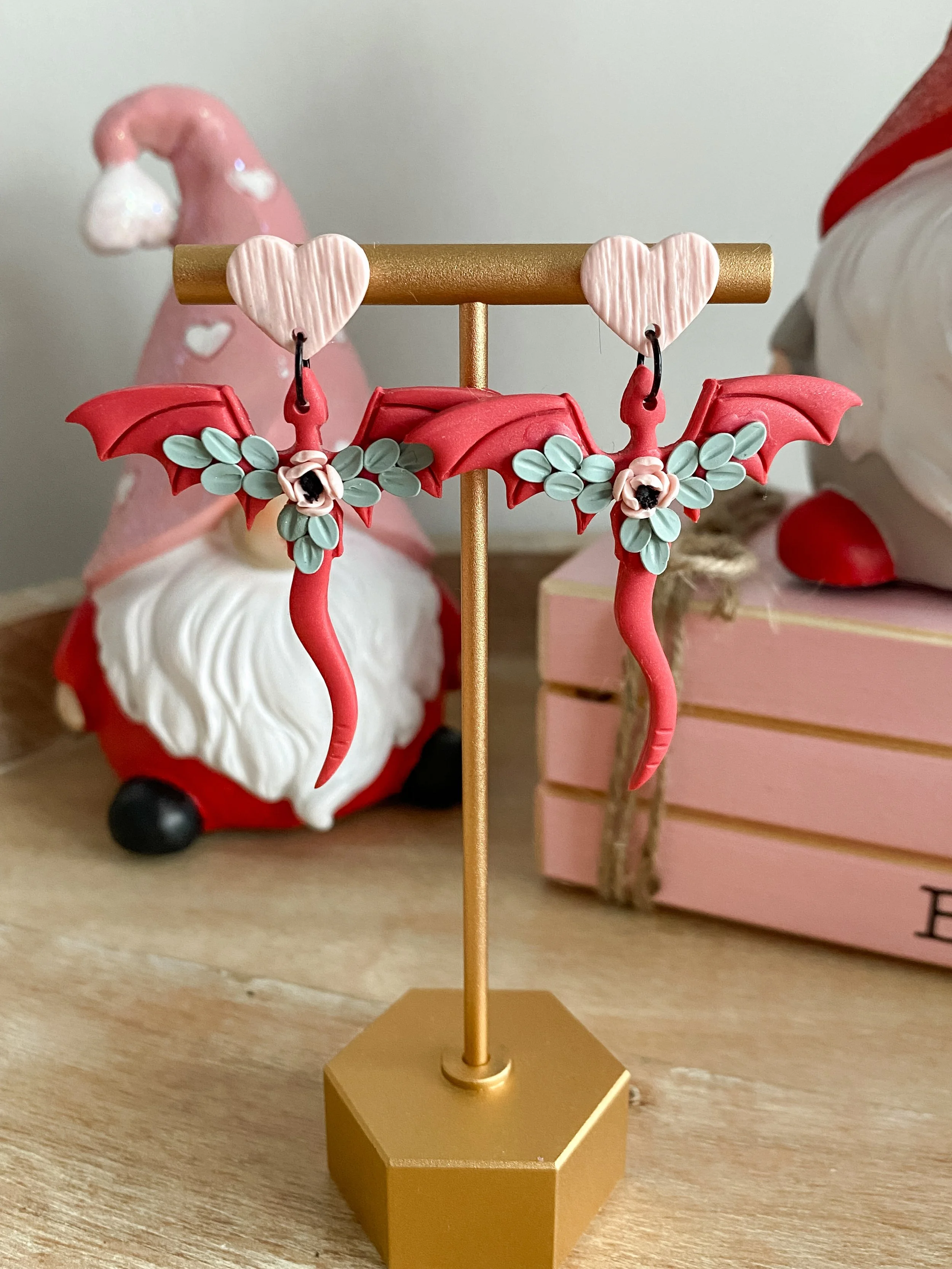 Red dragon handmade floral polymer clay earrings