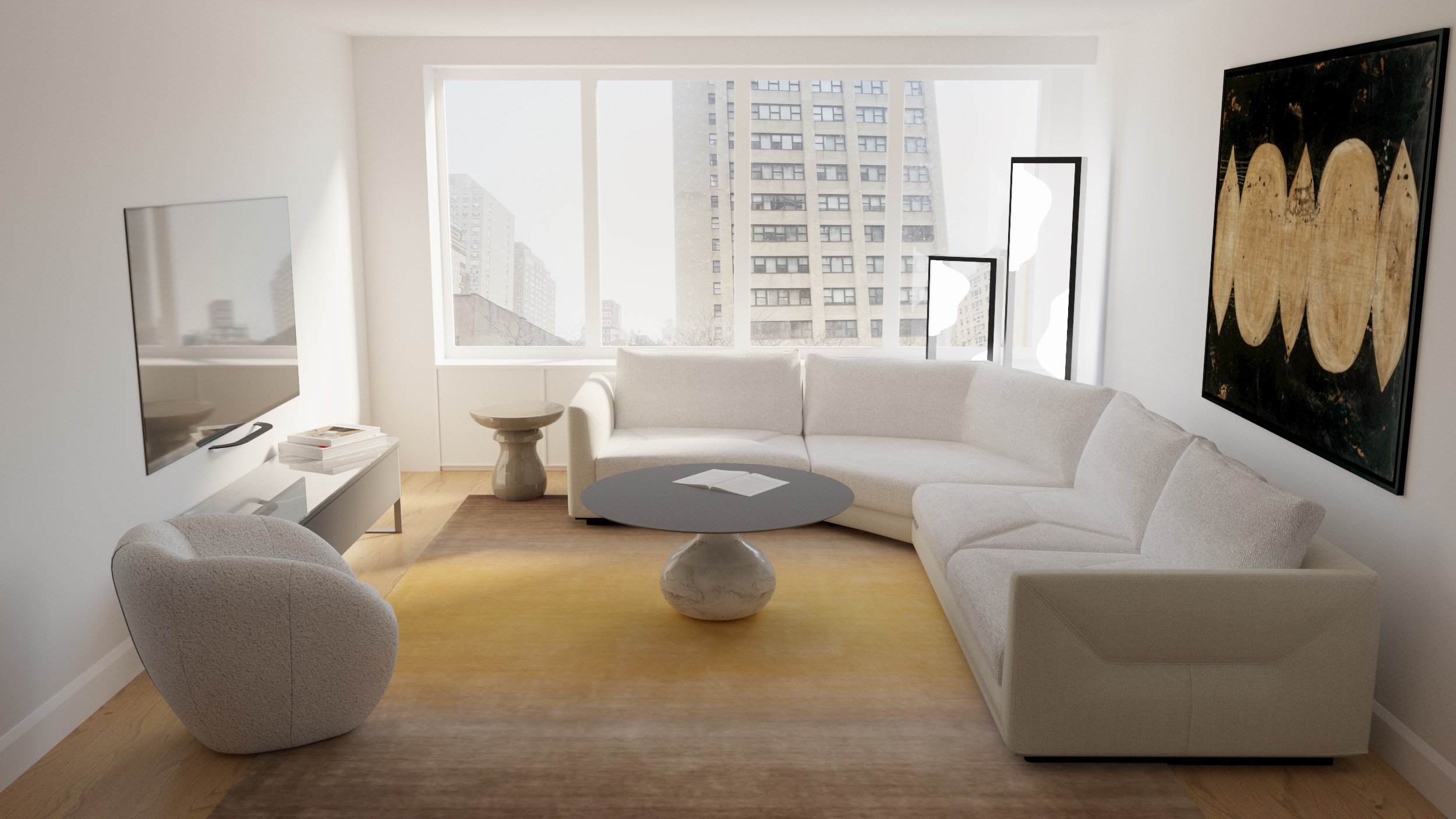 Bright living room with white sectional sofa, white armchair, black round coffee table with papers, large window with city view, modern artwork on the wall, and a television on a white stand. alchimie 2 Roberto tapinassi and Maurizio Manzoni, aqua ta