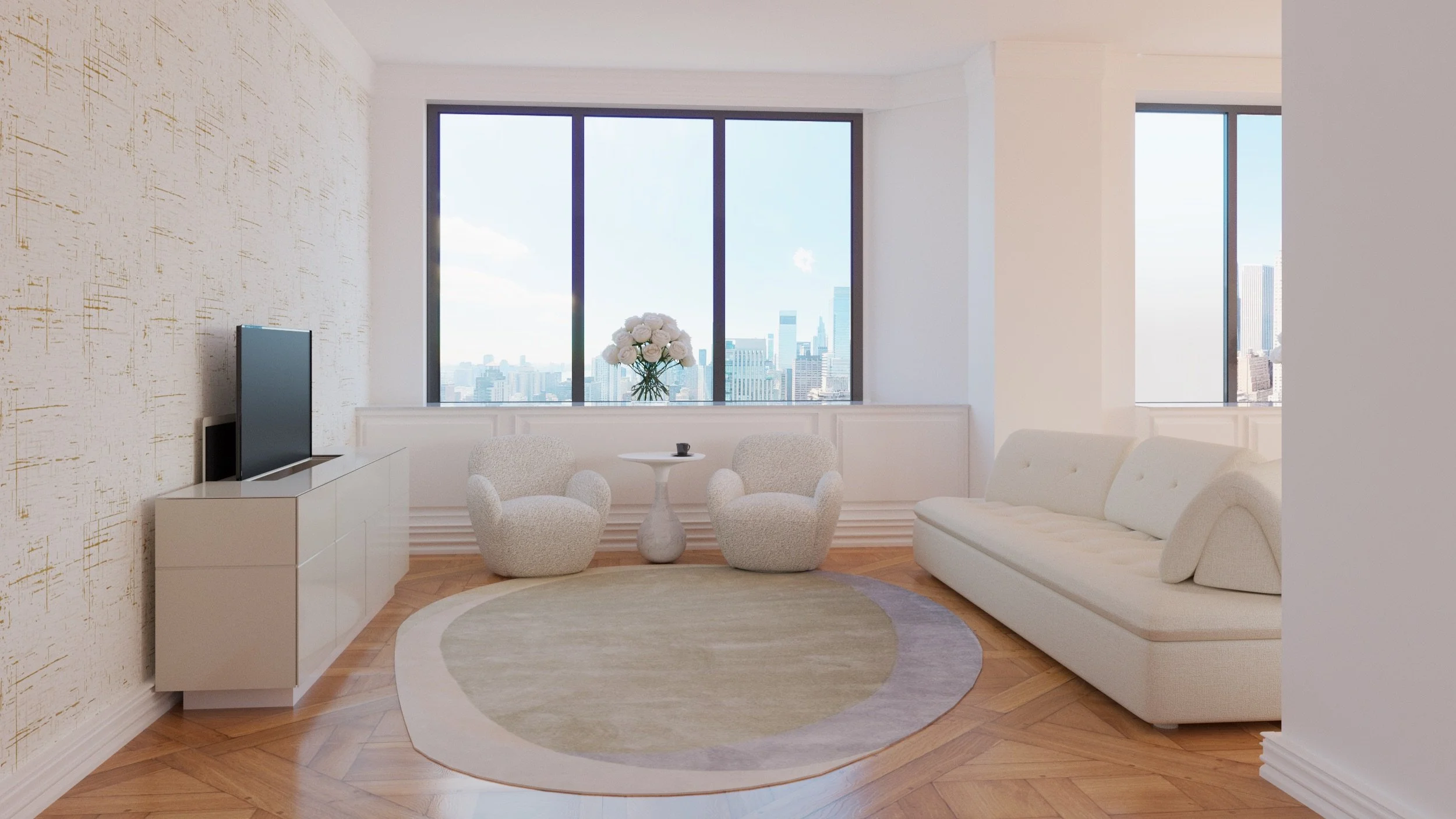 Modern living room with white sofa, two white armchairs, a round area rug, a white TV stand with a flat-screen TV, a small side table with a coffee cup, large windows with city view, and a vase of white roses. Perle chairs, conversation, Maurizio Man