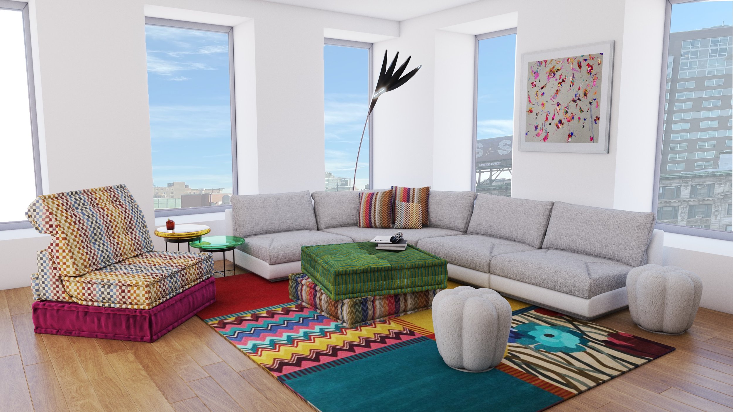 Modern living room with large windows, a gray sectional sofa with colorful throw pillows, a vibrant multicolored area rug, an armchair with a checkered pattern, a green upholstered ottoman, beige textured stools, and wall art, with city buildings vis