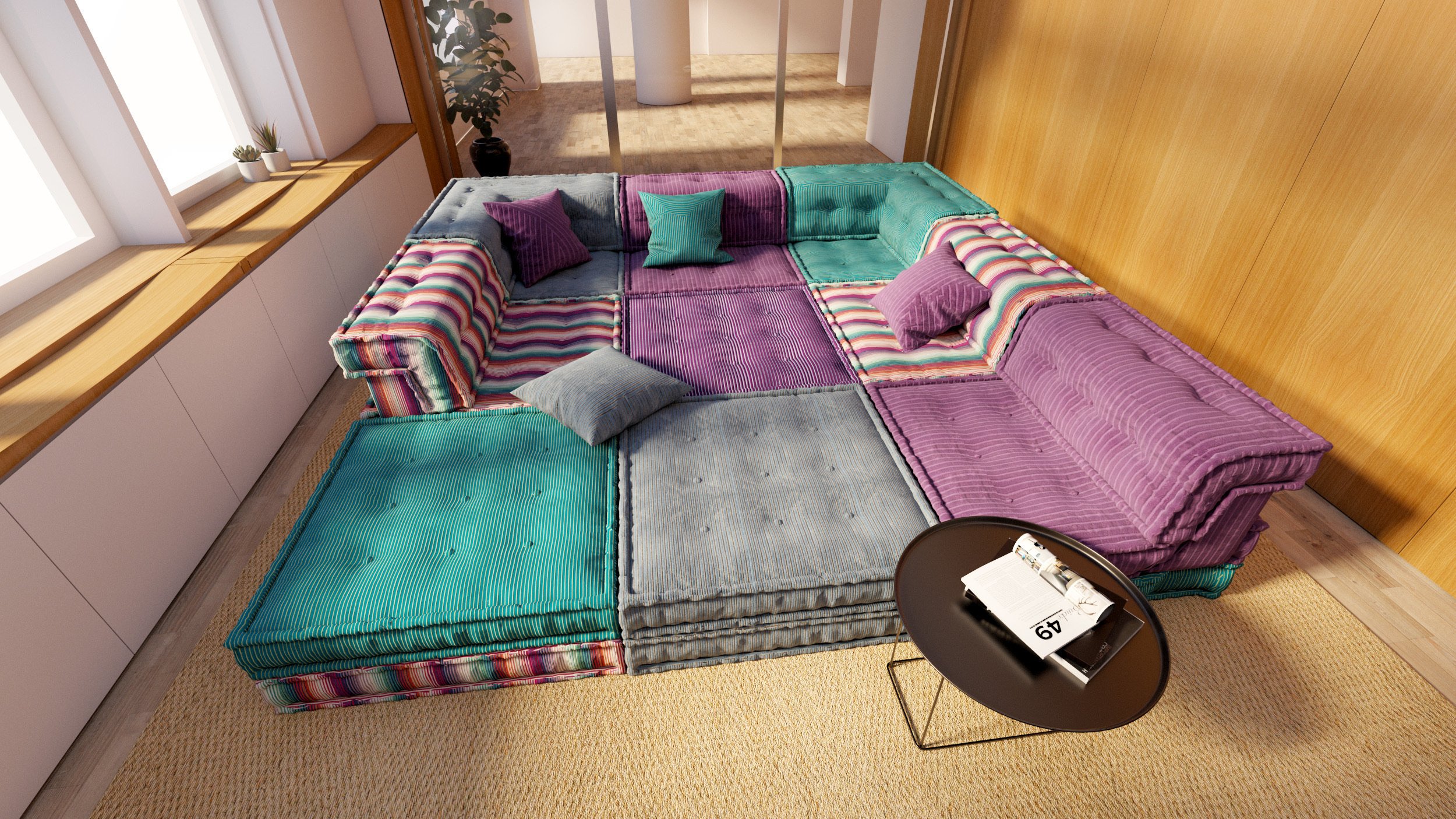Colorful Mah Jong from Roche Bobois sectional sofa with various patterned cushions and blankets in a modern living room. Missoni fabric, theater seating, home theater, listening room, and modular sofa.