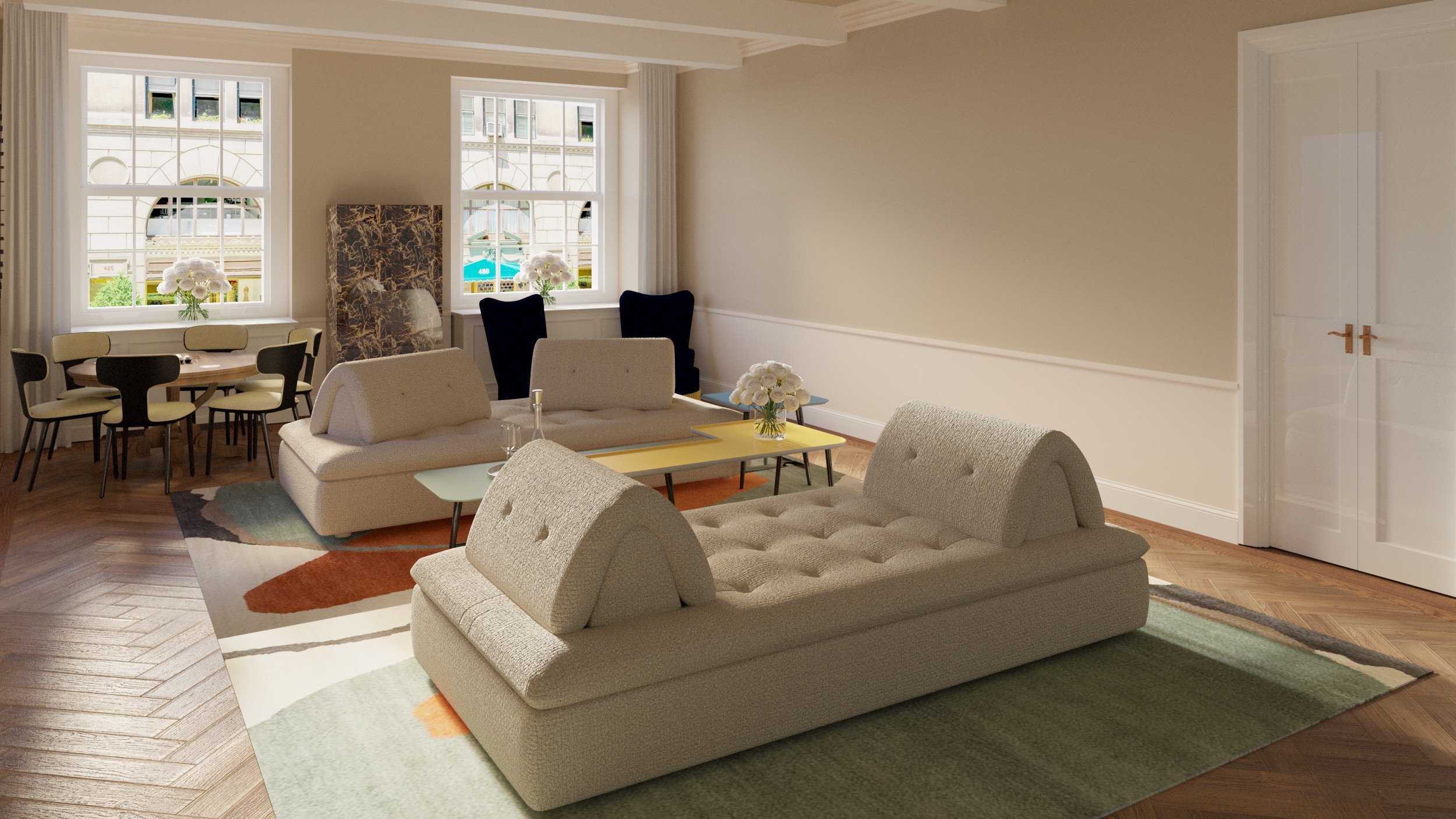 Living room with beige sofas, black armchairs, a wooden table, and a dining area with a round table and six chairs. The room has large windows with white curtains, and the floor features a colorful rug and wooden flooring. Conversation by Phillippe B