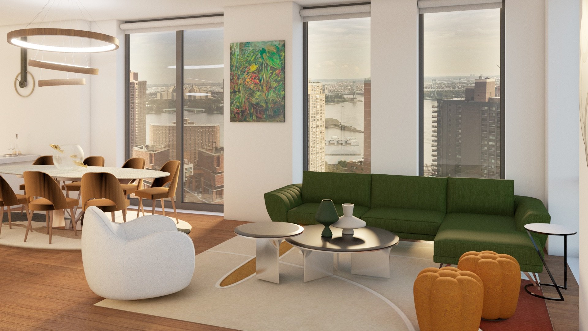 Modern living room with green sofa, orange ottomans, white armchair, coffee tables, and large windows showing a city view. Sacha Lakic, caracteré sofa, adjustable sofa, apex ottomans, colorful design, 3D rendering, Roche Bobois.